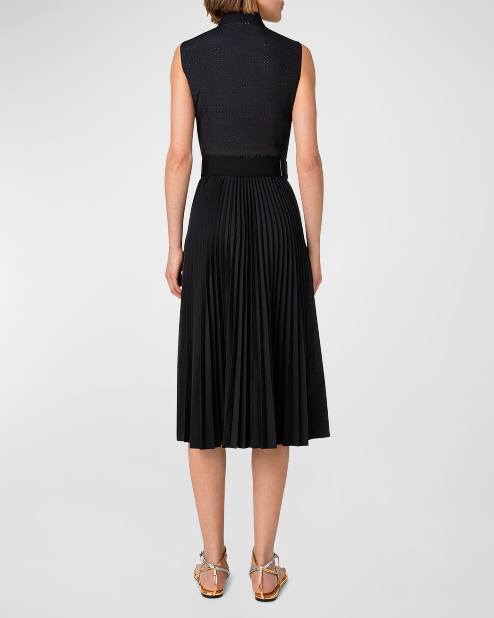 Pin-Dot Midi Dress with Sunray Plissee Pleated Skirt