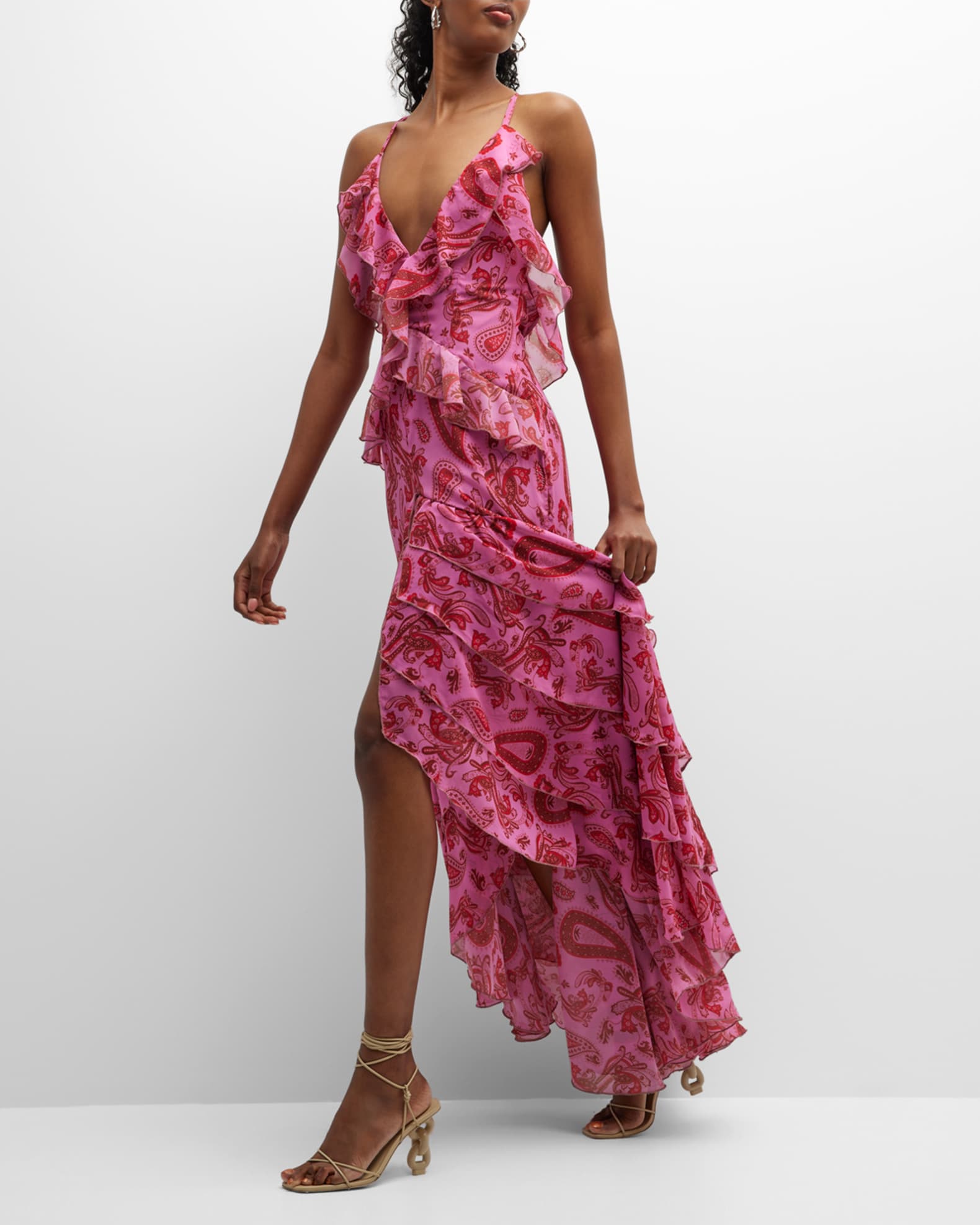 strapless open back dress Riasi Ruffle Mini Dress in Chiffon Red , V Neck main image 1