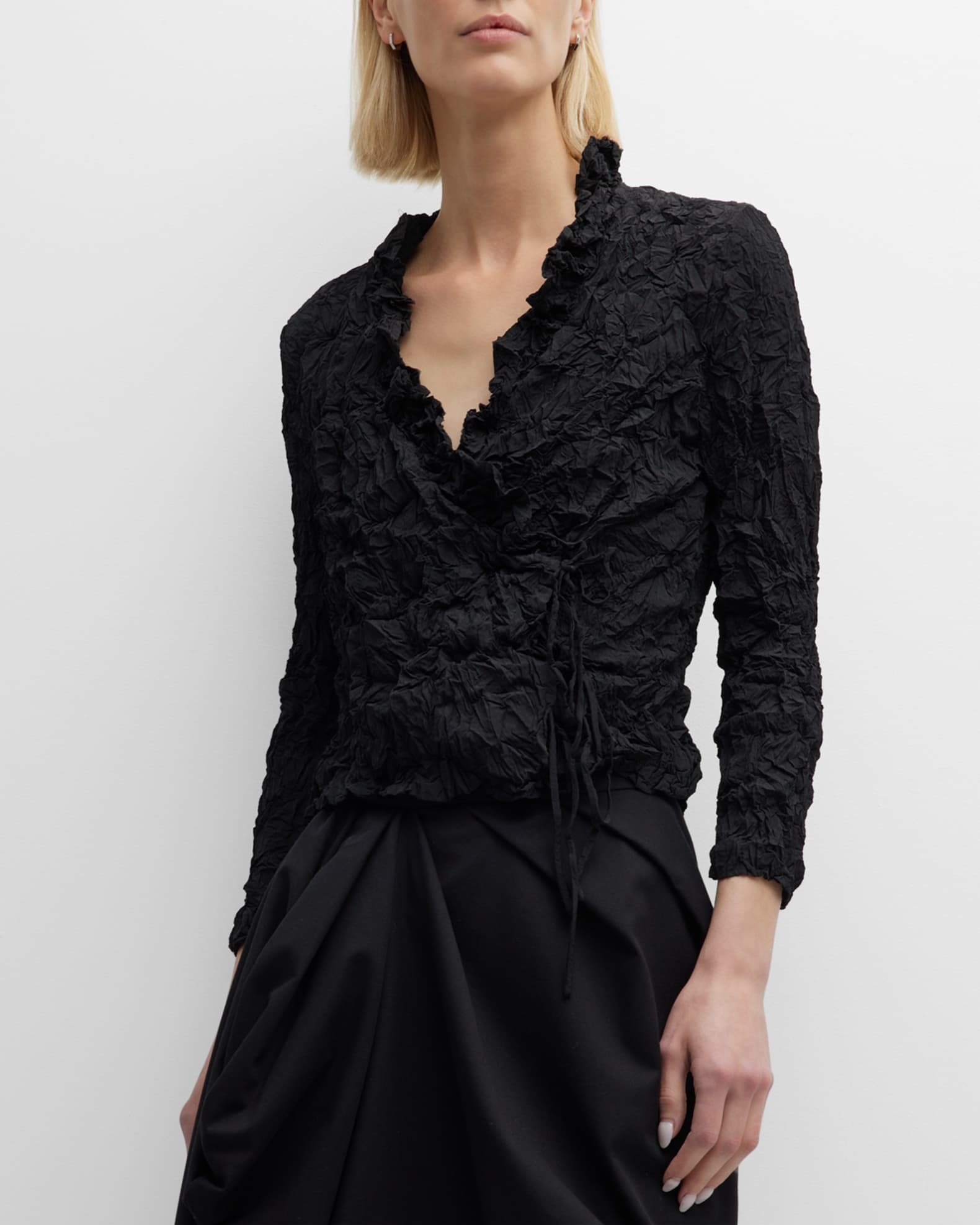 Dries Van Noten Crush Effect Wrap Top with Ruffle Detail | Neiman