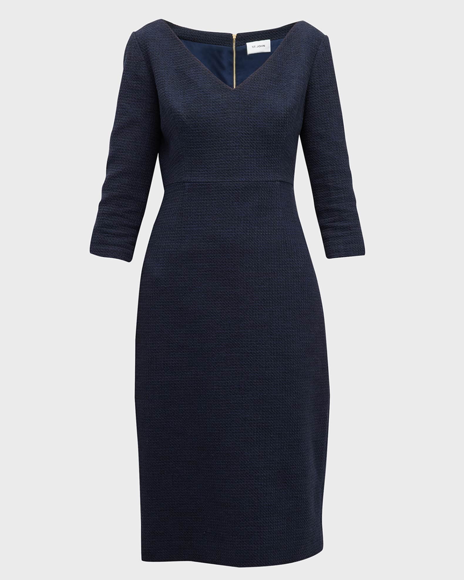 St. John V-Neck 3/4 Sleeve Mouline Tweed Midi Dress | Neiman Marcus