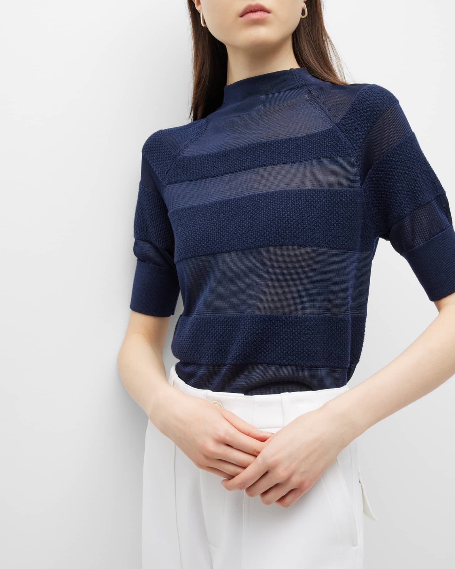 St. John Striped Pique Mock-Neck Jersey Top | Neiman Marcus