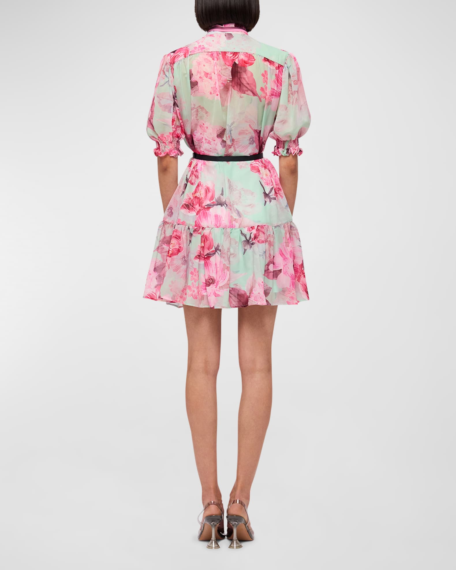 LEO LIN Agnes Tie-Neck Floral-Print Mini Dress | Neiman Marcus