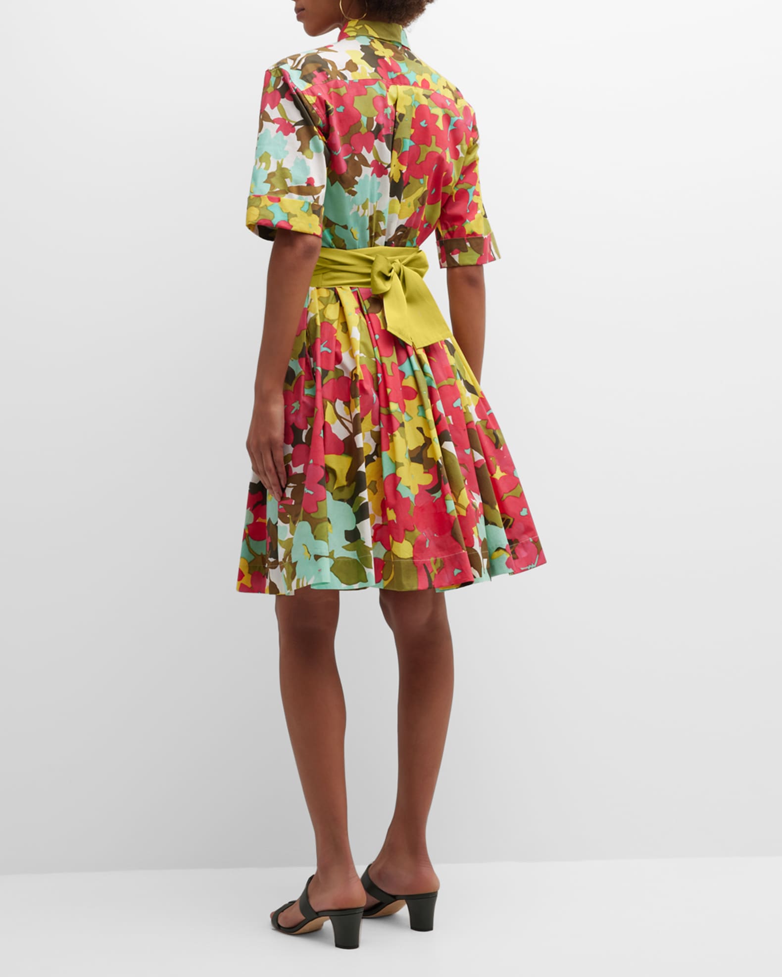 Sara Roka Nida Floral-Print Short-Sleeve A-Line Midi Dress | Neiman Marcus