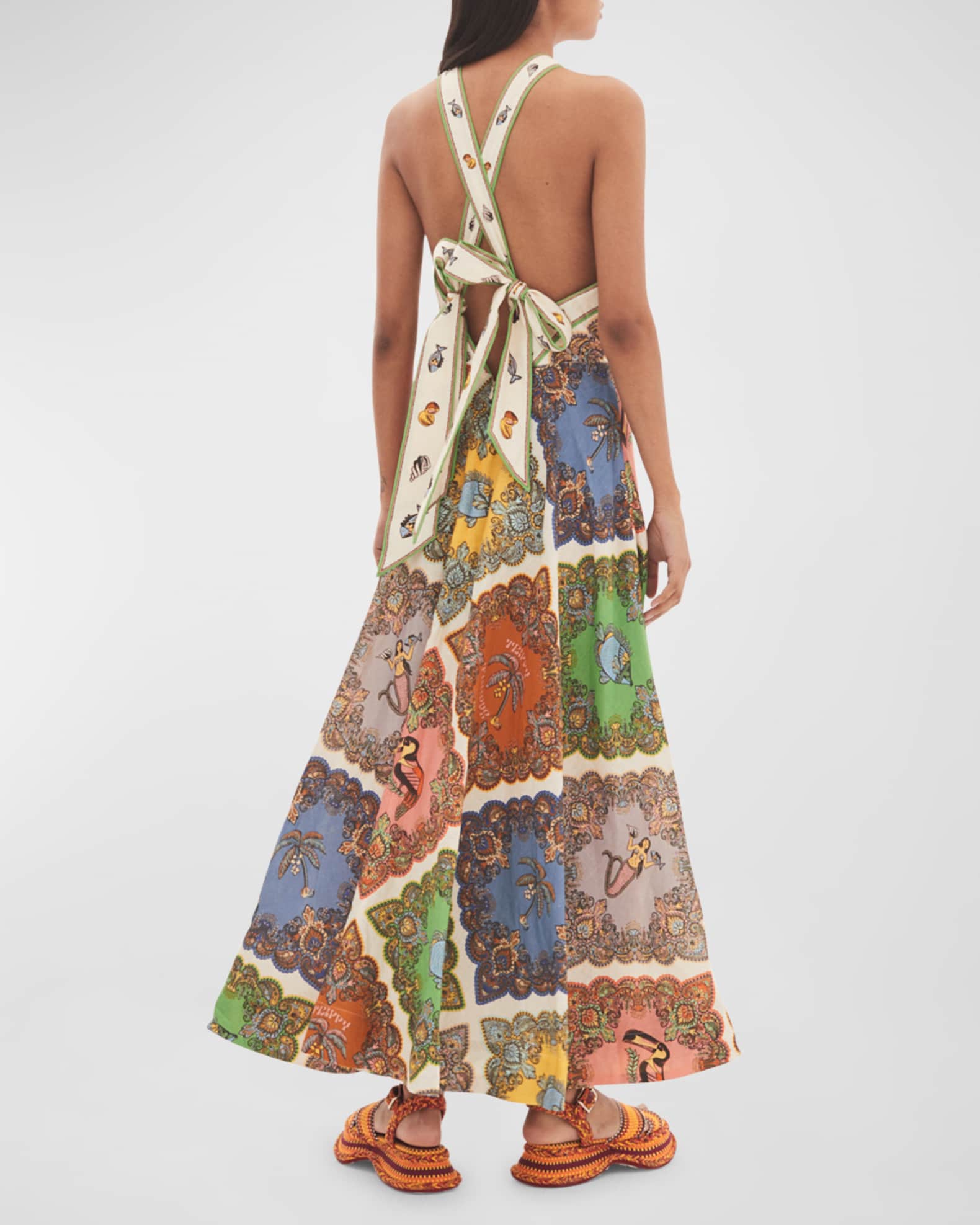 ALEMAIS Trippy Troppo Tile-Print Linen Halter Midi Dress | Neiman Marcus