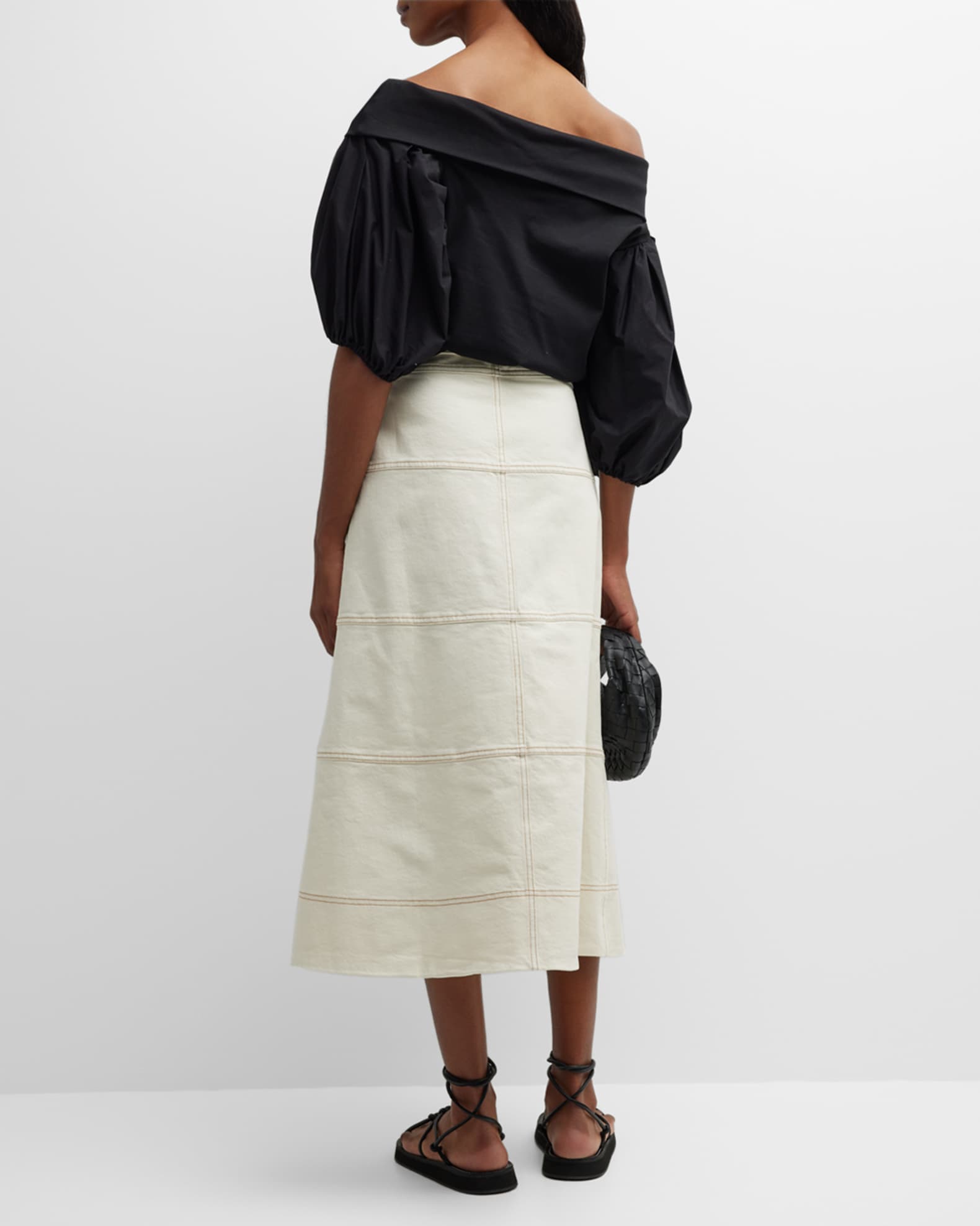 Tanya Taylor Hudson High-Waist Belted Denim Midi Skirt | Neiman Marcus