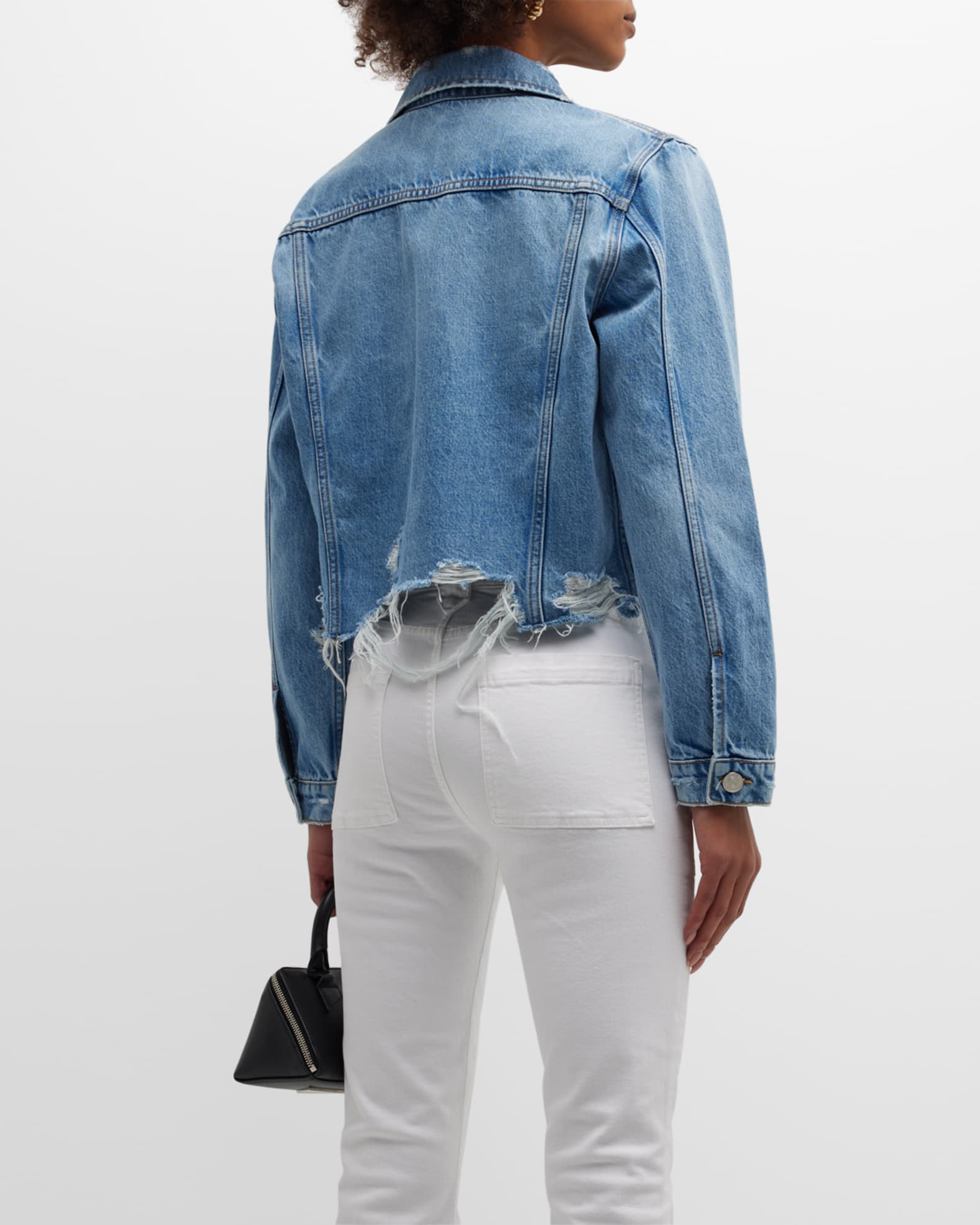 【KOOLOSET】Crop Denim Jacket Women's Distressed Blue Denim Cropped Casual Slim Fit