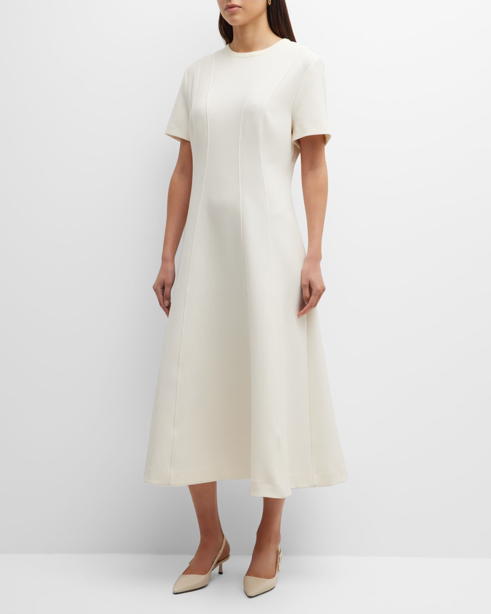 St. John Princess Dart Short-Sleeve Crepe Midi Dress | Neiman Marcus