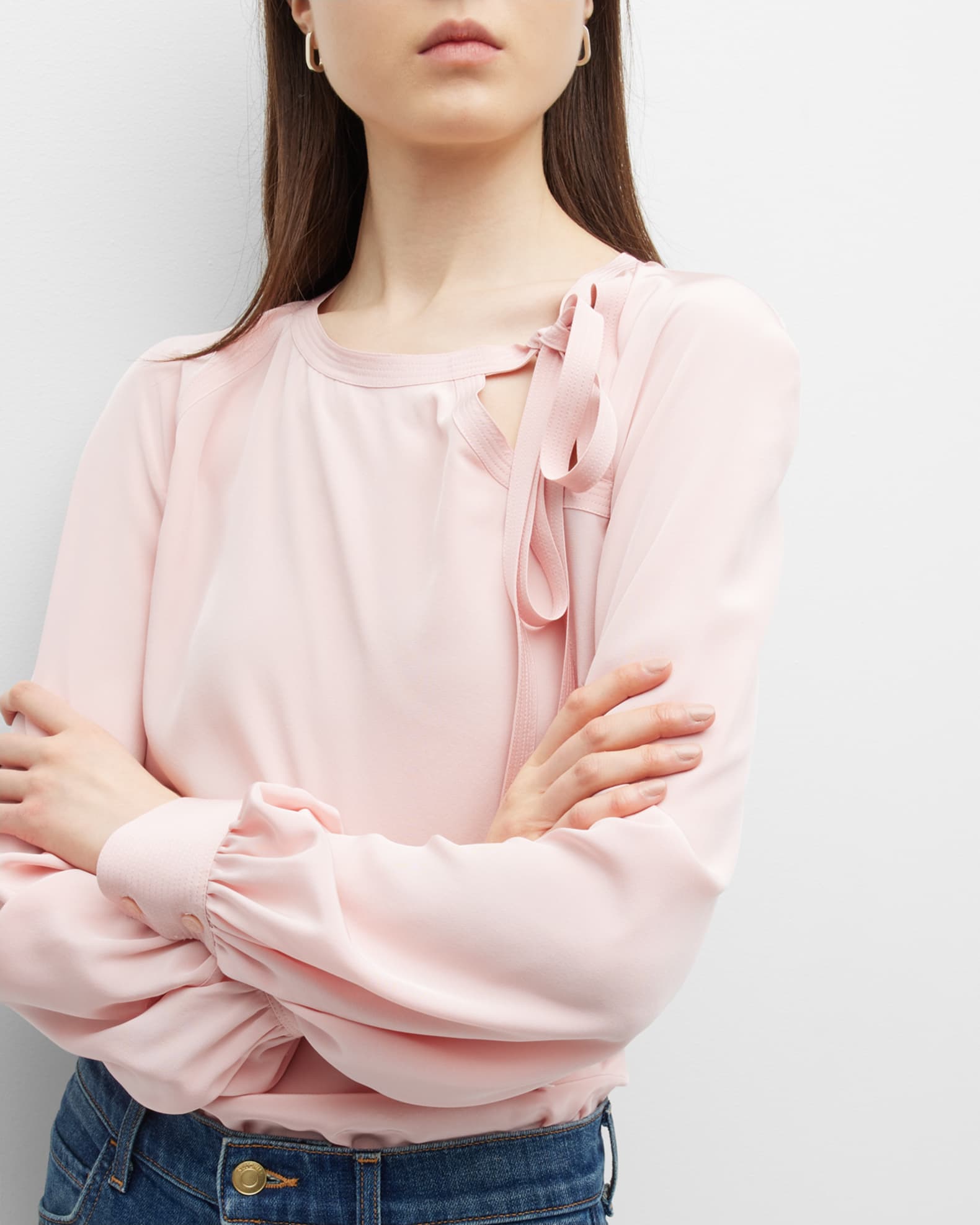 St. John Neck-Tie Blouson-Sleeve Silk Crepe De Chine Top | Neiman Marcus
