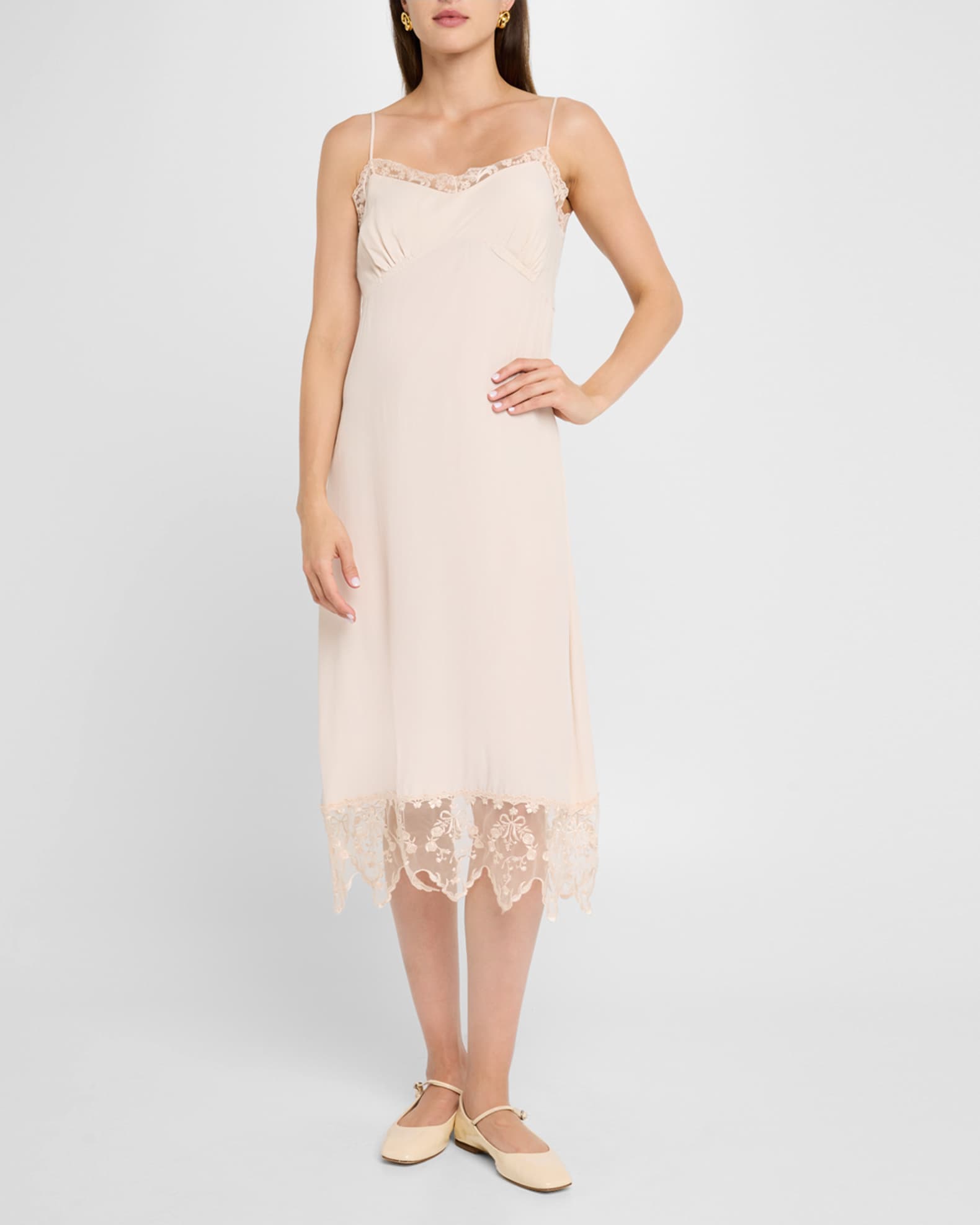 RUFFLE LACE TRIM SLIP TUNIC TOP: ECRU
