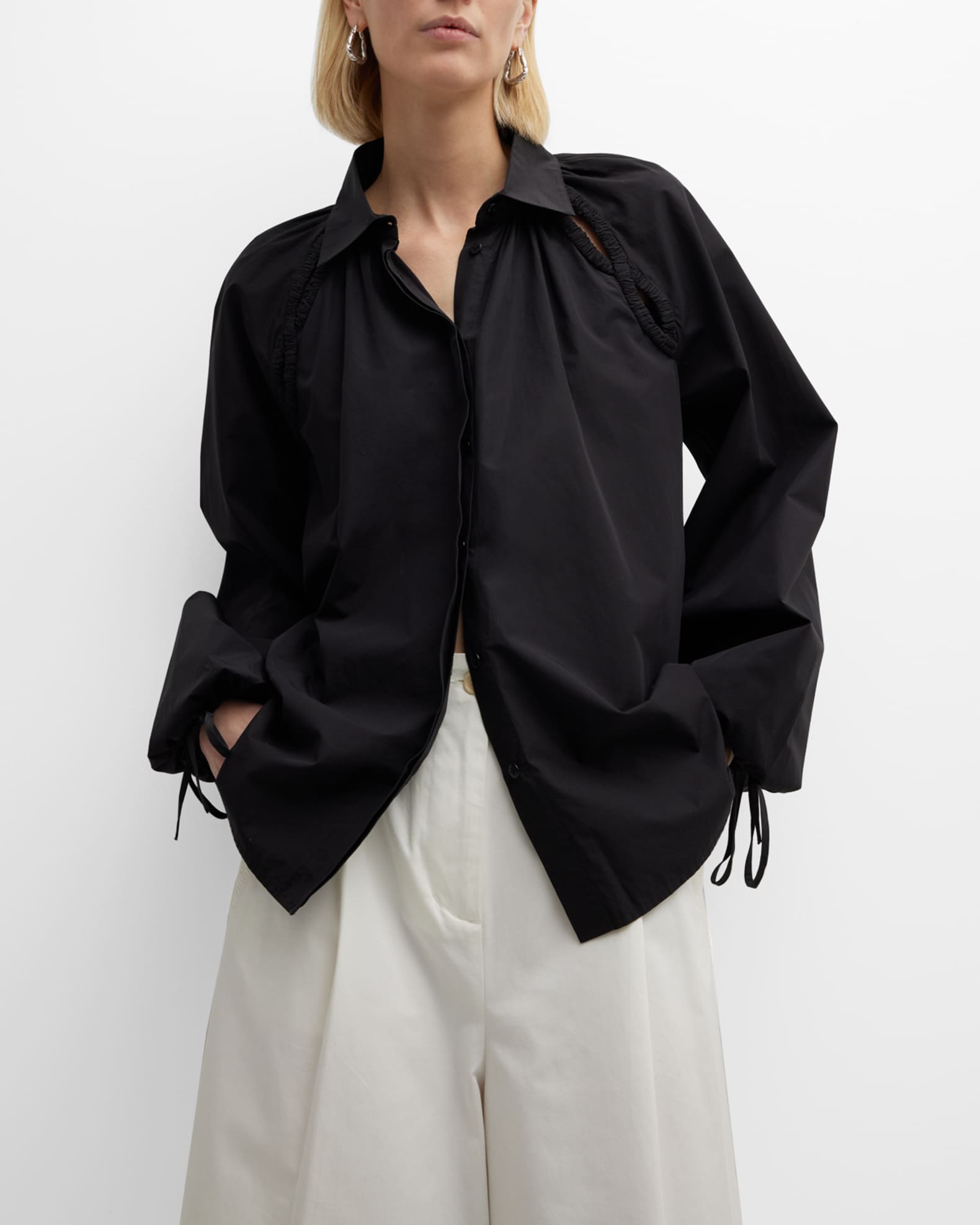 Merlette Tiana Cutout Blouson-Sleeve Poplin Shirt | Neiman Marcus