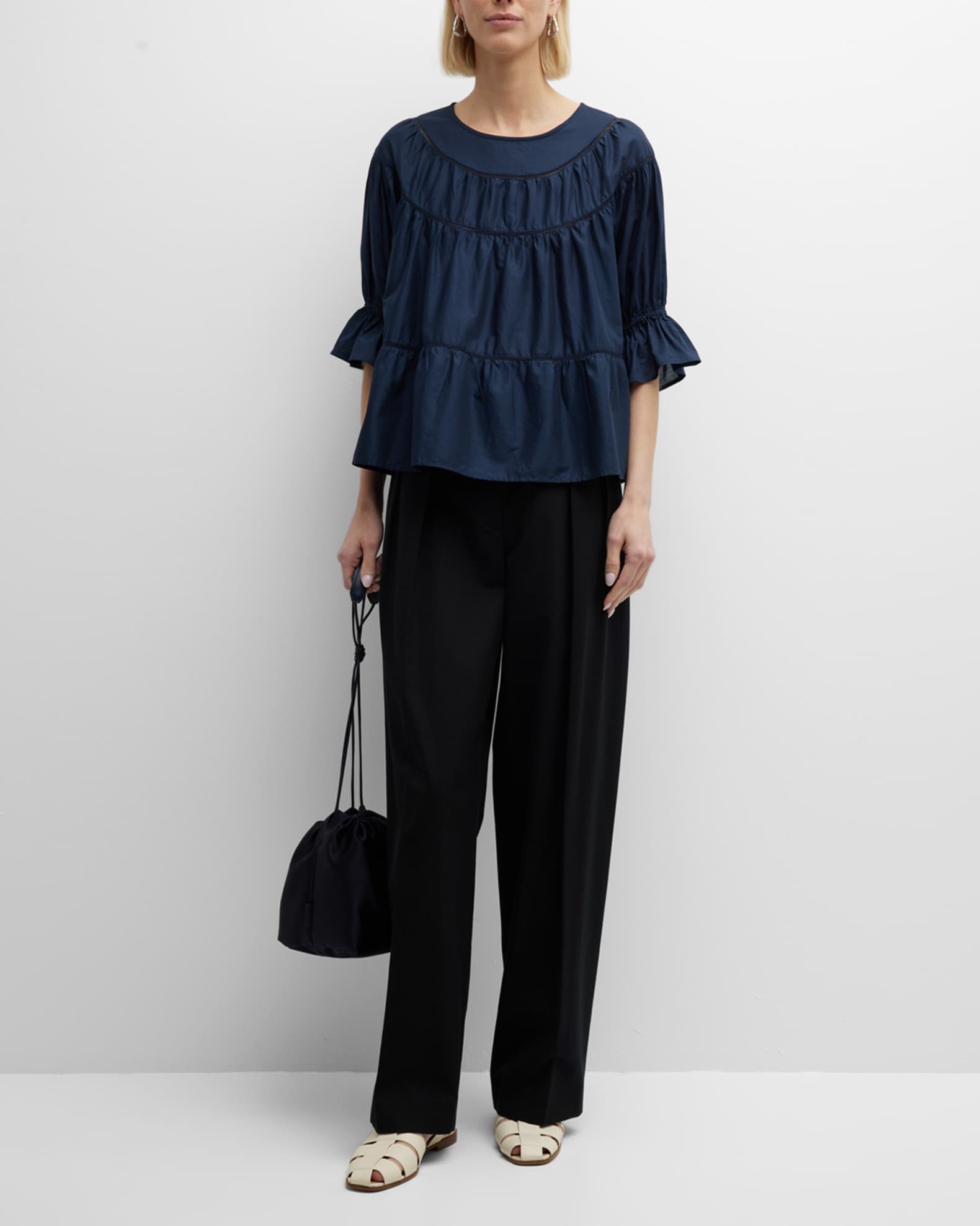 Merlette Sol Tiered Lace-Inset Blouson-Sleeve Top | Neiman Marcus