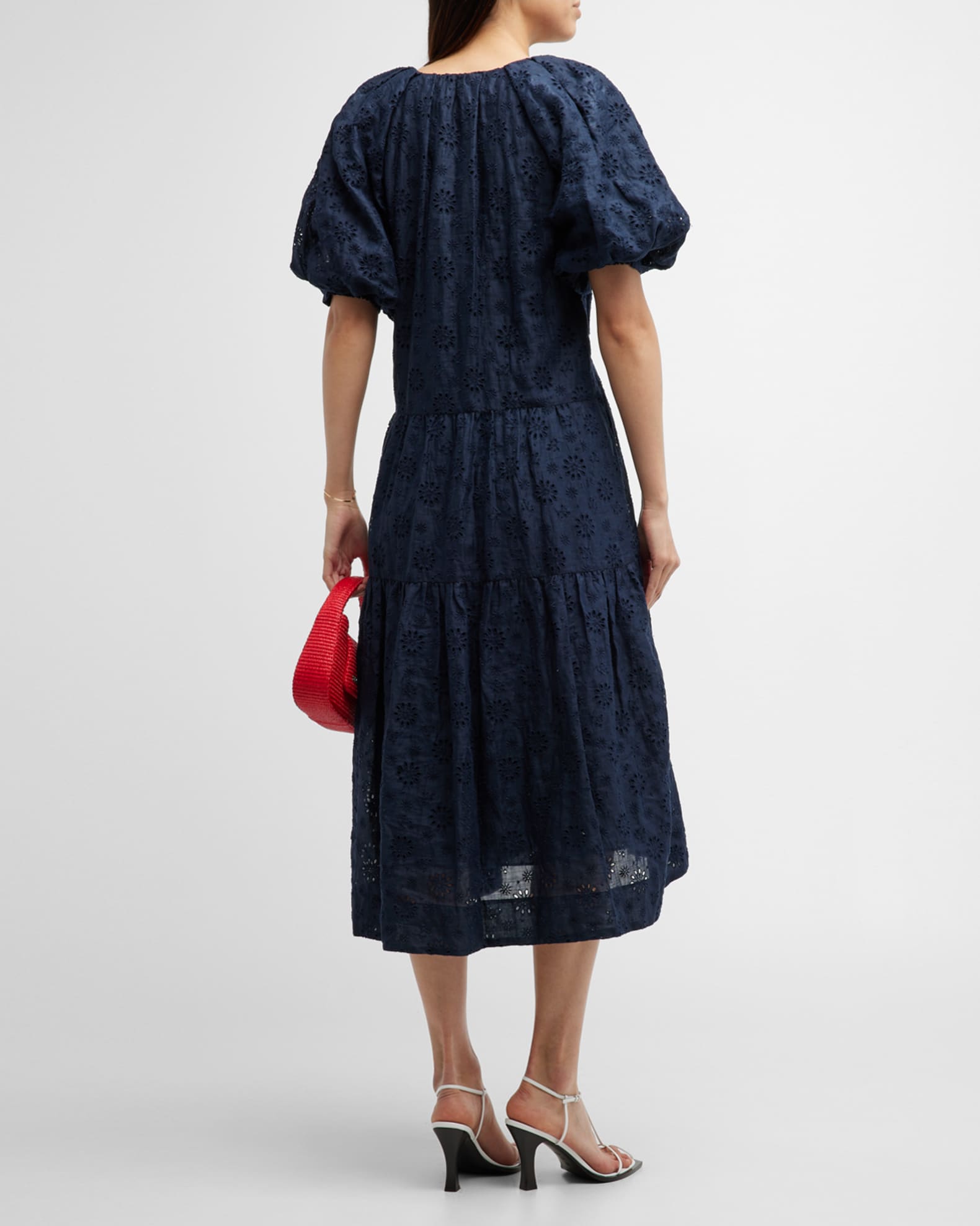 FRAME Eyelet Puff-Sleeve Midi Dress | Neiman Marcus