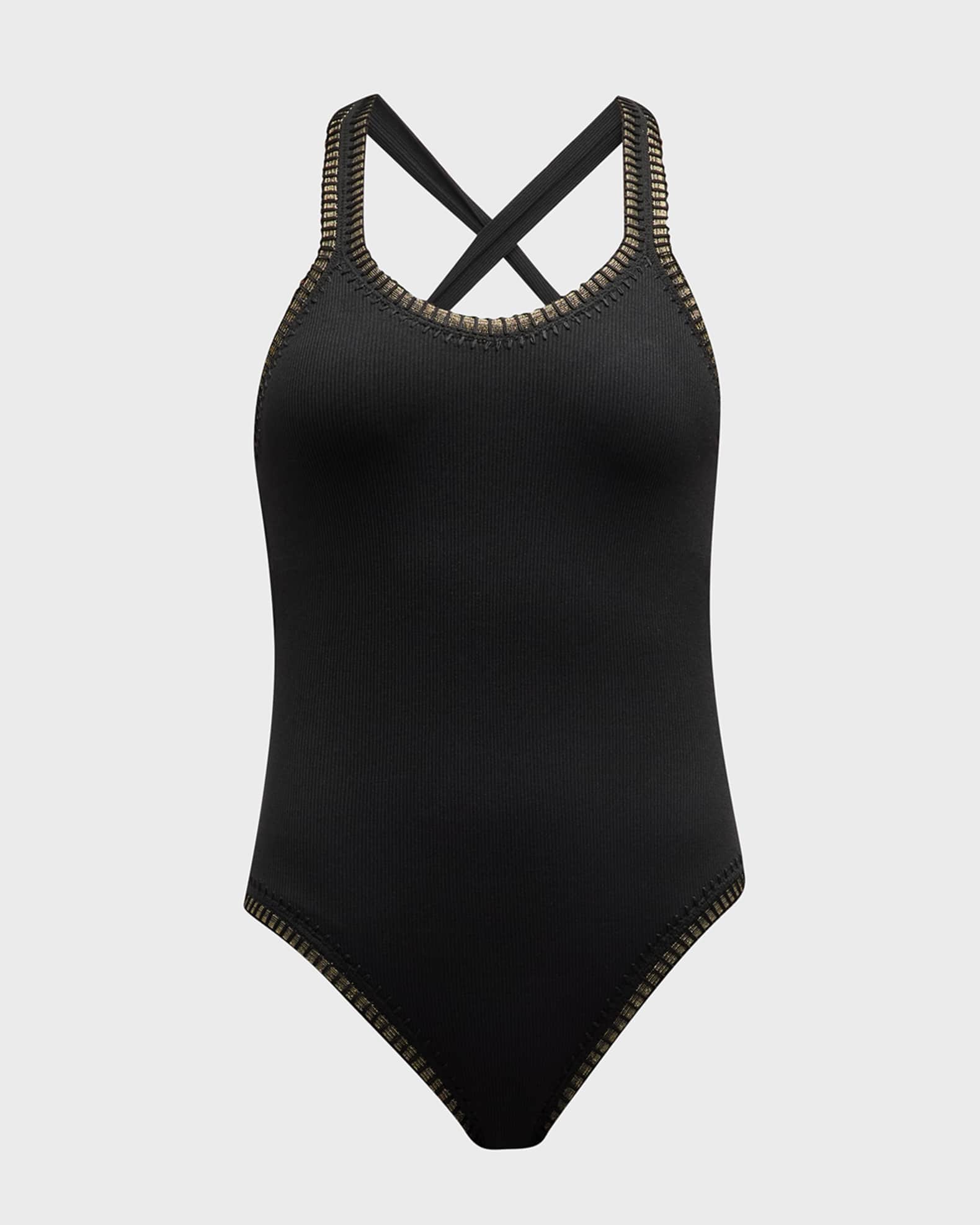 Platinum Inspired by Solange Ferrarini CrochetTrim Strappy OnePiece Swimsuit Neiman Marcus