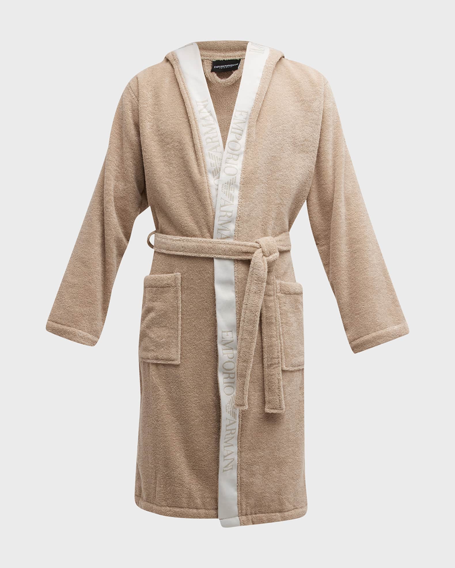 Emporio Armani Men's Hooded Bathrobe with Logo Taping Neiman Marcus