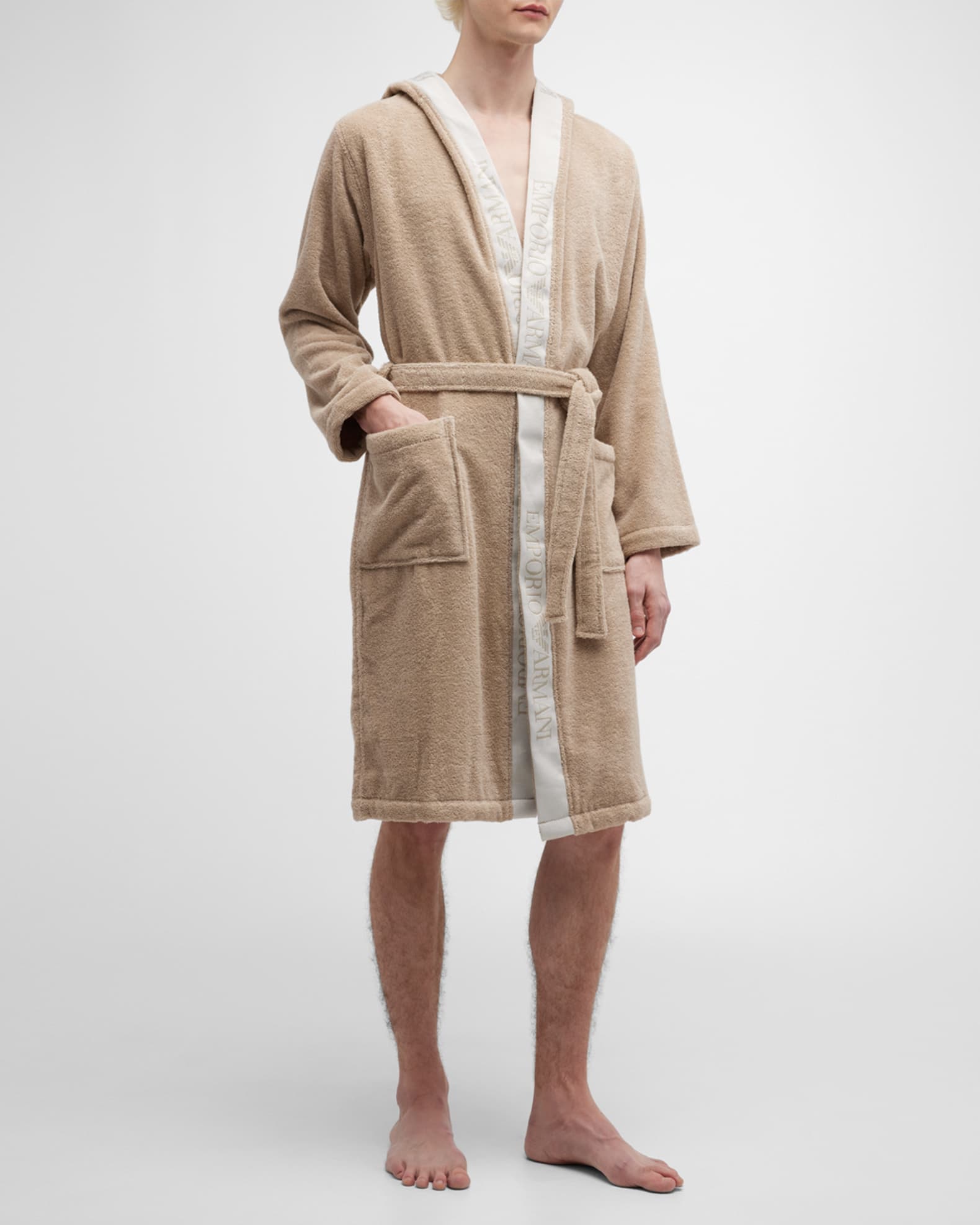 Emporio Armani Men's Hooded Bathrobe with Logo Taping Neiman Marcus