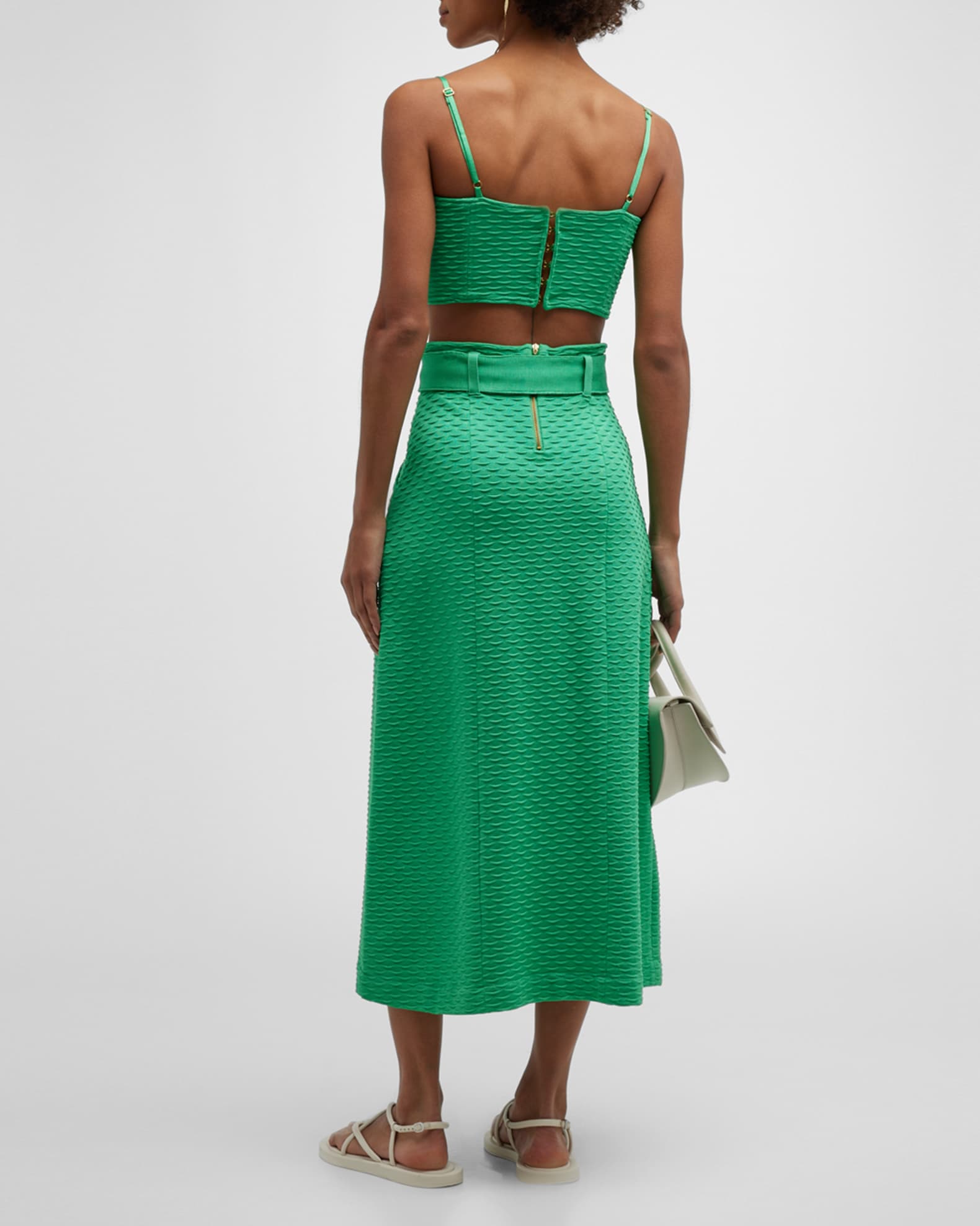 PAOLA BERNARDI Alice Belted Textured Godet Midi Skirt | Neiman Marcus