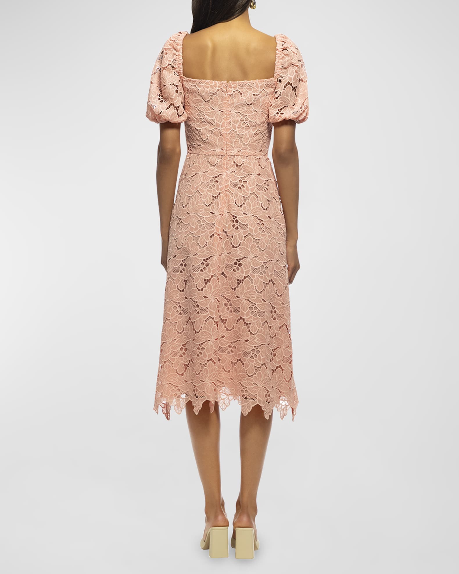 Shoshanna Tasha Puff-Sleeve Floral Lace Midi Dress | Neiman Marcus