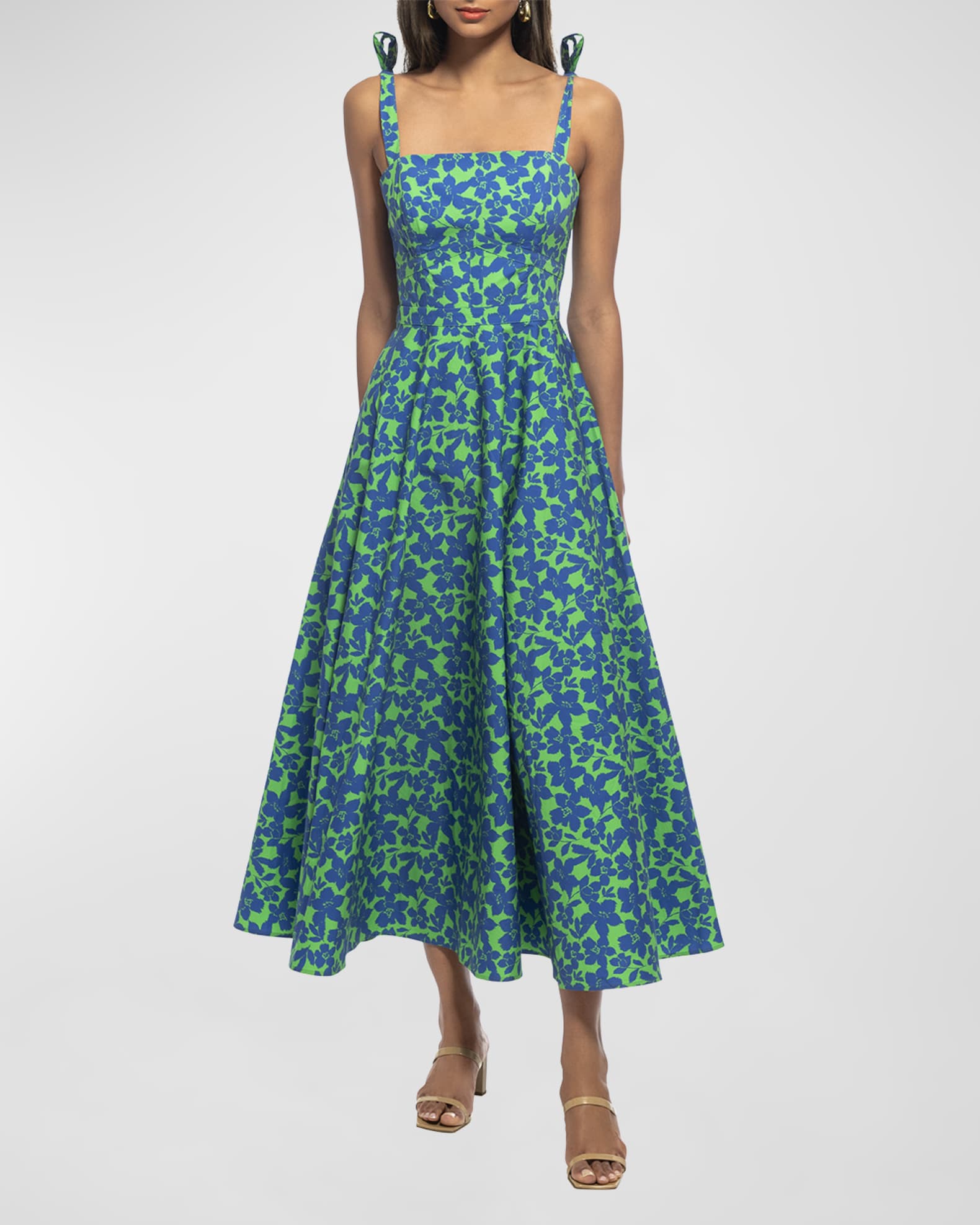 Shoshanna Majorelle Square-Neck Floral-Print Midi Dress | Neiman Marcus