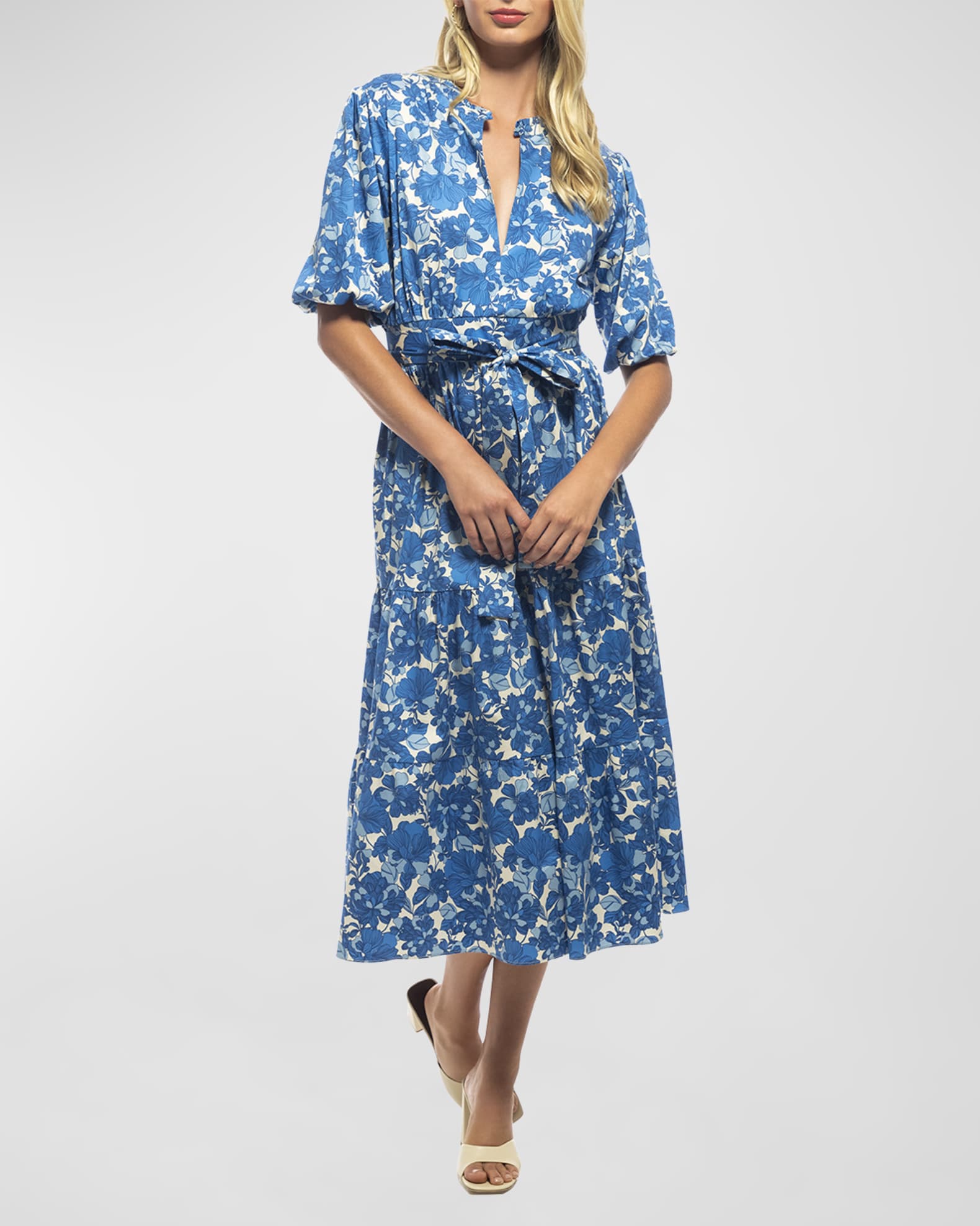 Shoshanna Dalia Floral-Print Blouson-Sleeve Midi Dress | Neiman Marcus