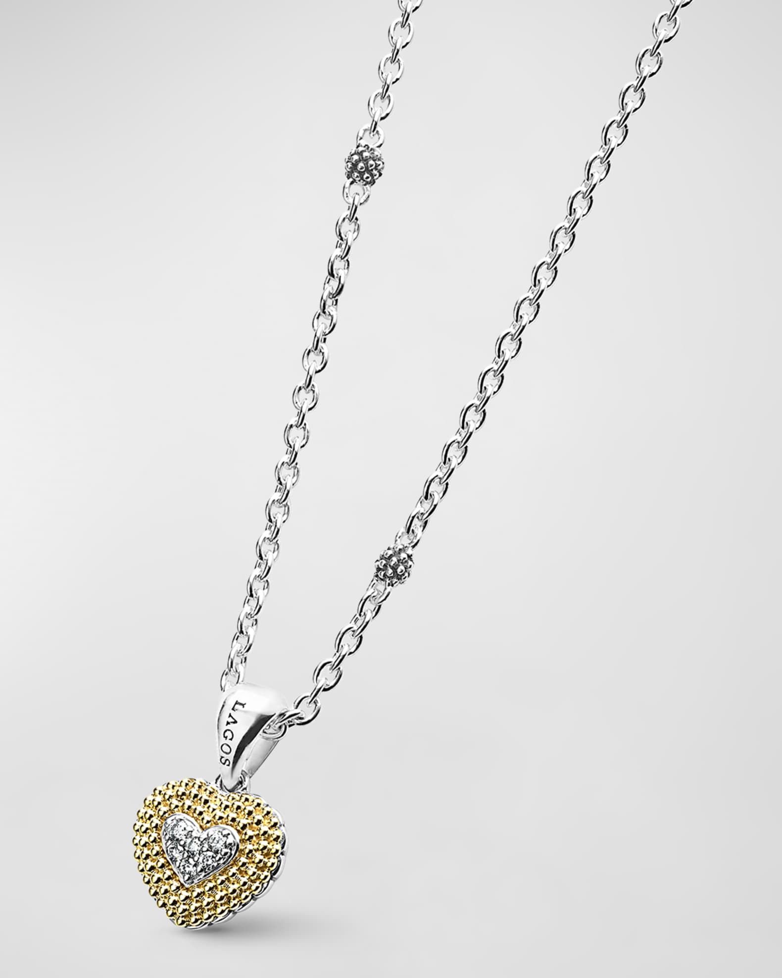 LAGOS The Drop Diamond Heart Necklace in 18K Gold and Sterling Silver Neiman Marcus