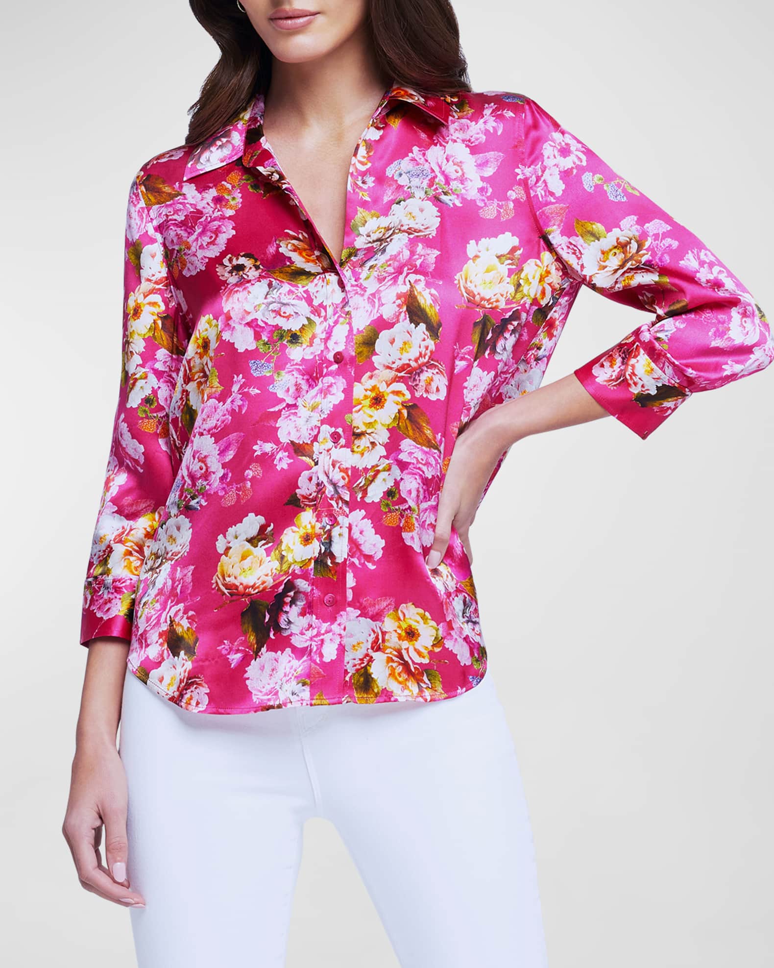 L'Agence Dani Floral-Printed Button-Front Blouse | Neiman Marcus