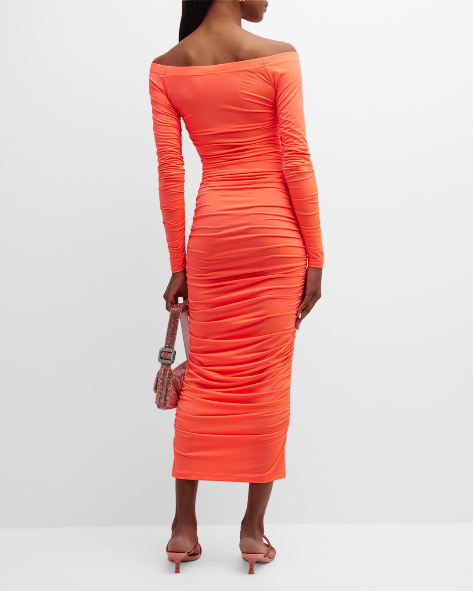 L'Agence Kamali Ruched Off-Shoulder Midi Dress | Neiman Marcus