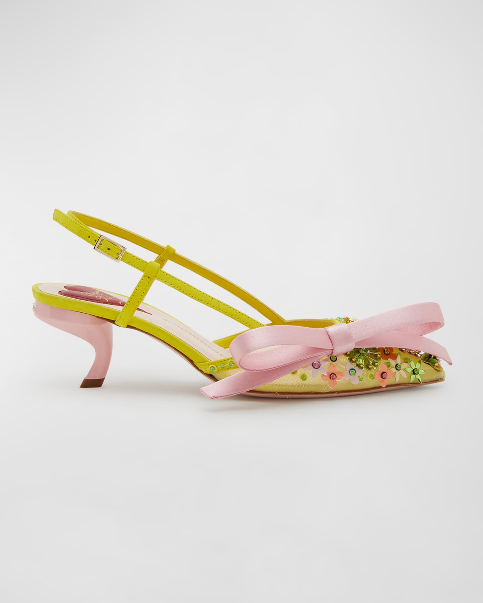 Lime yellow Virgule Floral-Embroidered Colorblock Slingback Pumps