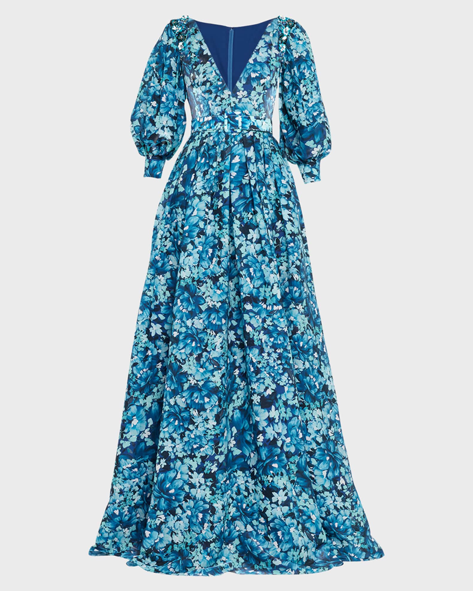 Badgley Mischka Collection Pleated PuffSleeve FloralPrint Gown