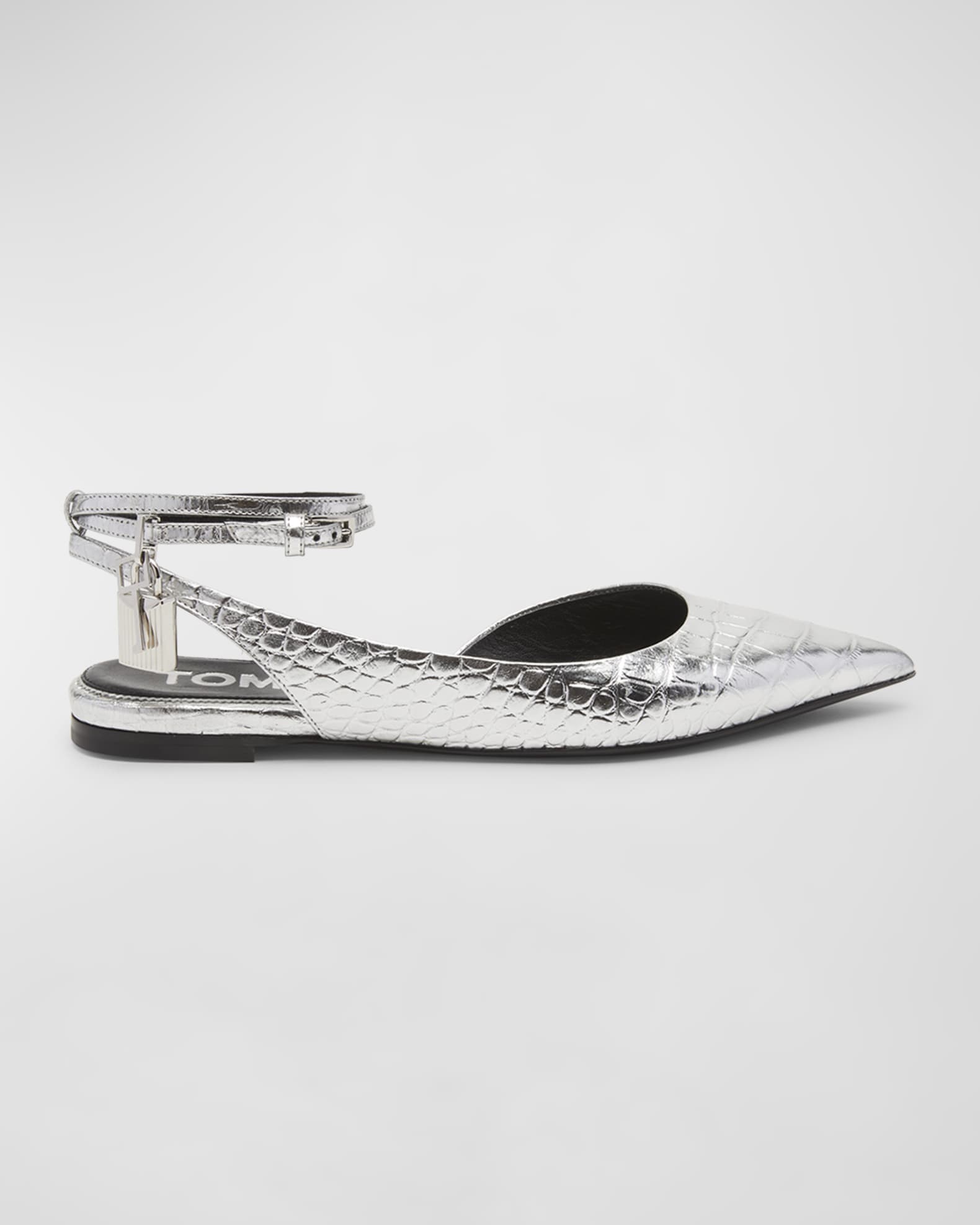 TOM FORD Lock Metallic Croco Ankle-Strap Ballerina Flats | Neiman Marcus
