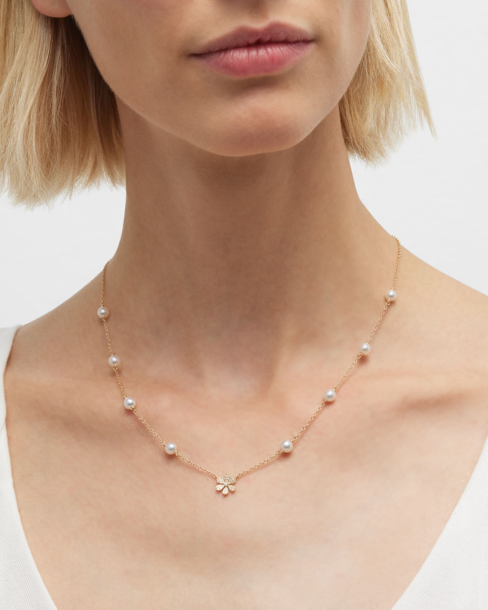18K Akoya Pearl and Pave Diamond Flower Tin Cup Necklace 1