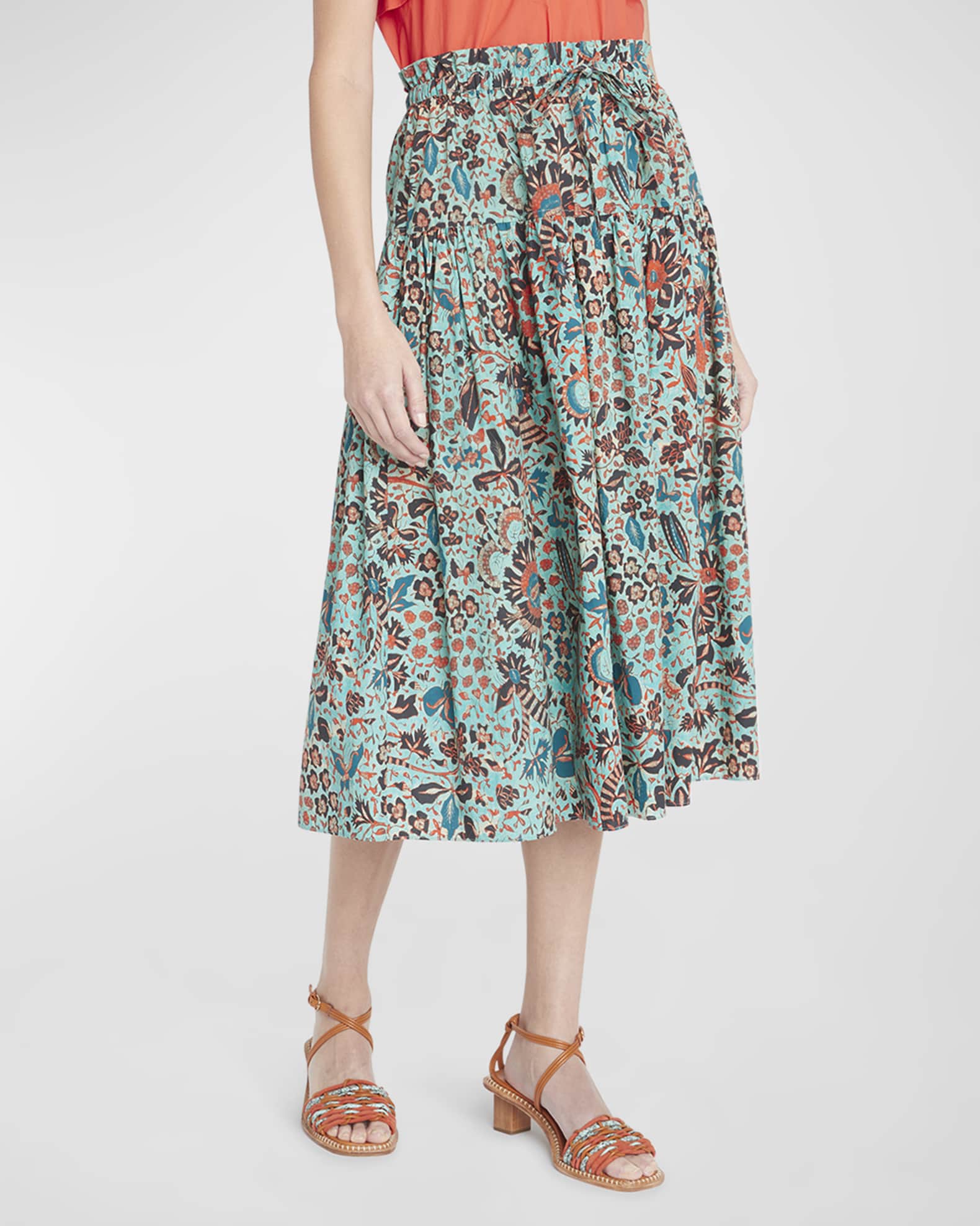 Ulla Johnson Fernanda Tiered Printed Cotton Midi Skirt | Neiman Marcus
