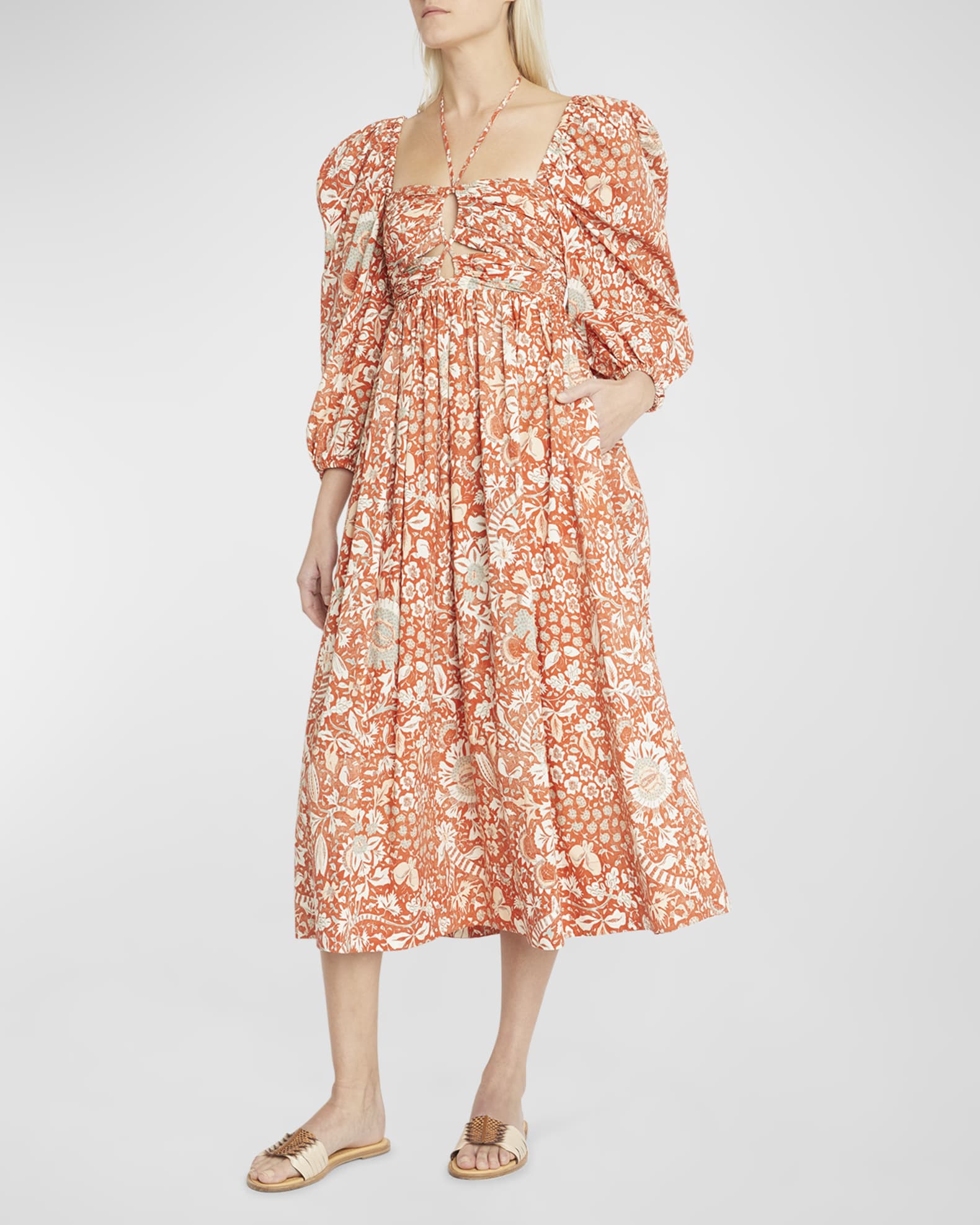Ulla Johnson Alessa Puff-Sleeve Floral Poplin Cutout Midi Dress ...
