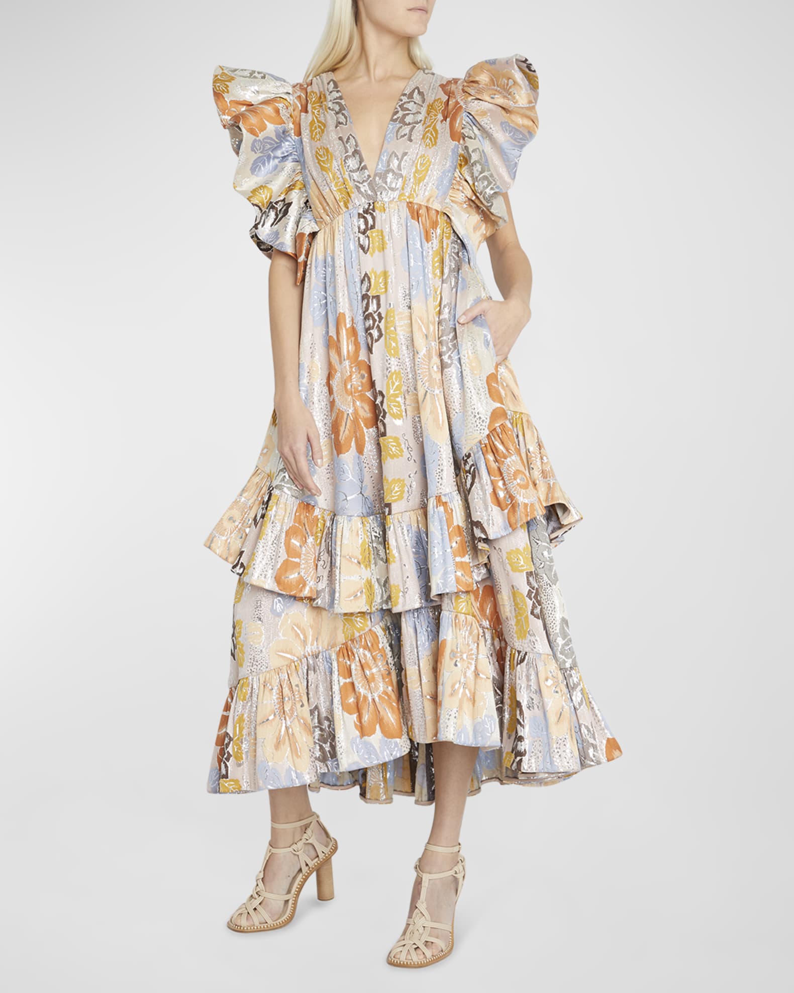 Thérèse White Embellished Floral Lace Tiered Maxi Dress