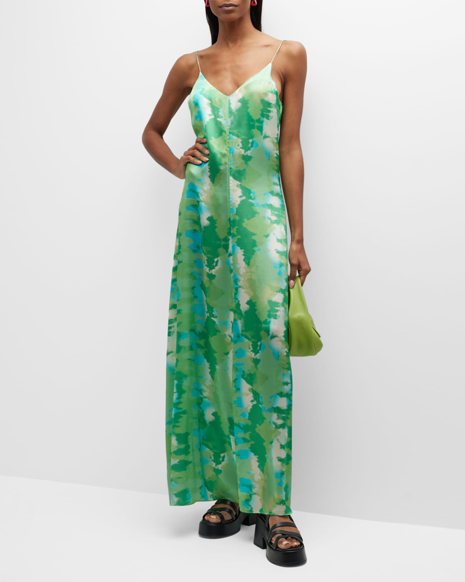 open lace back dress Ganni BLUE FLORAL CRINKLED SATIN LONG DRESS  Shop at the Mix