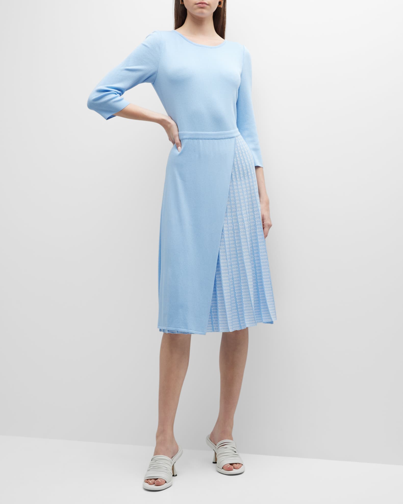 Misook Pleated Short-Sleeve Knit Midi Dress | Neiman Marcus
