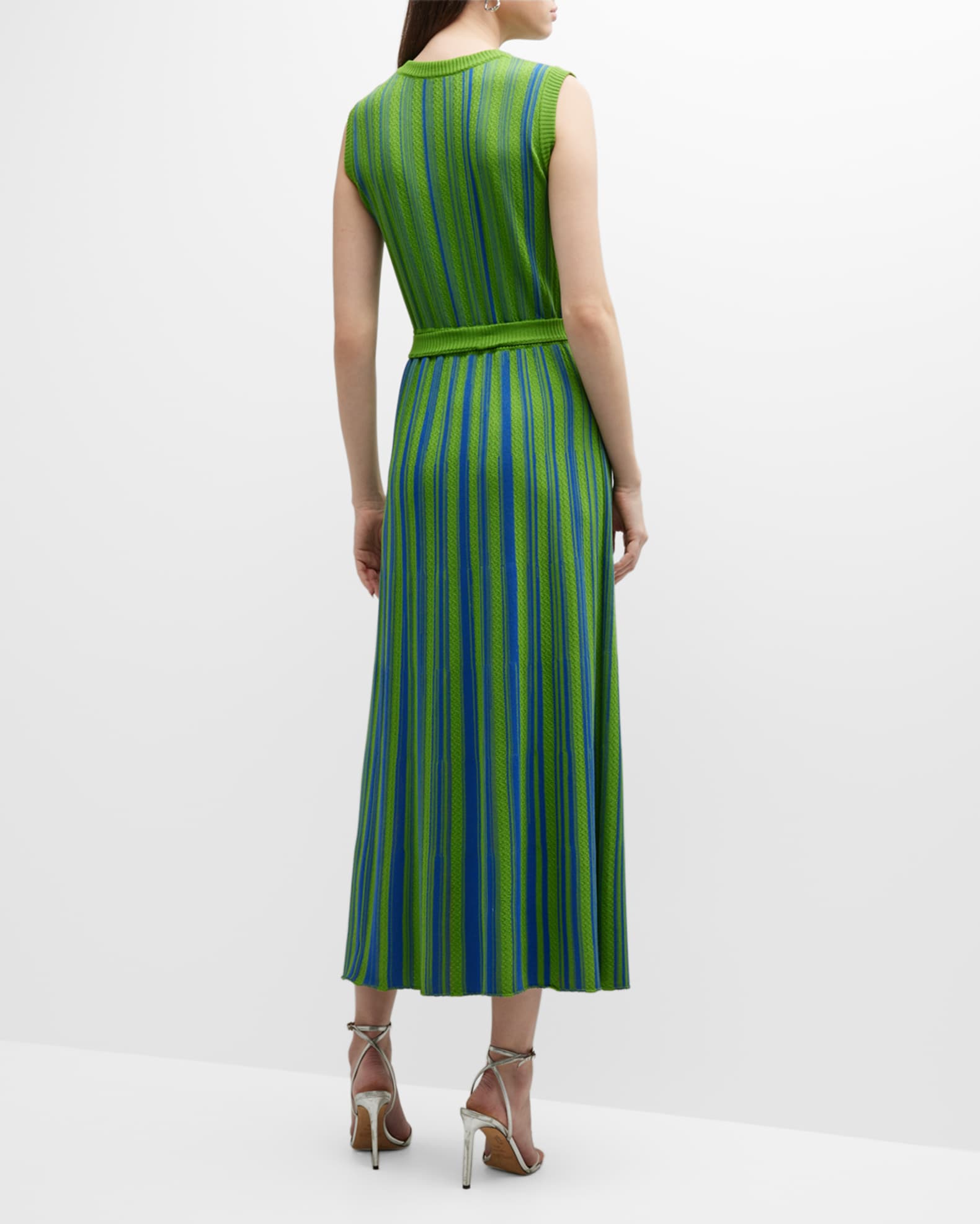Belted Sleeveless Striped Midi Dress