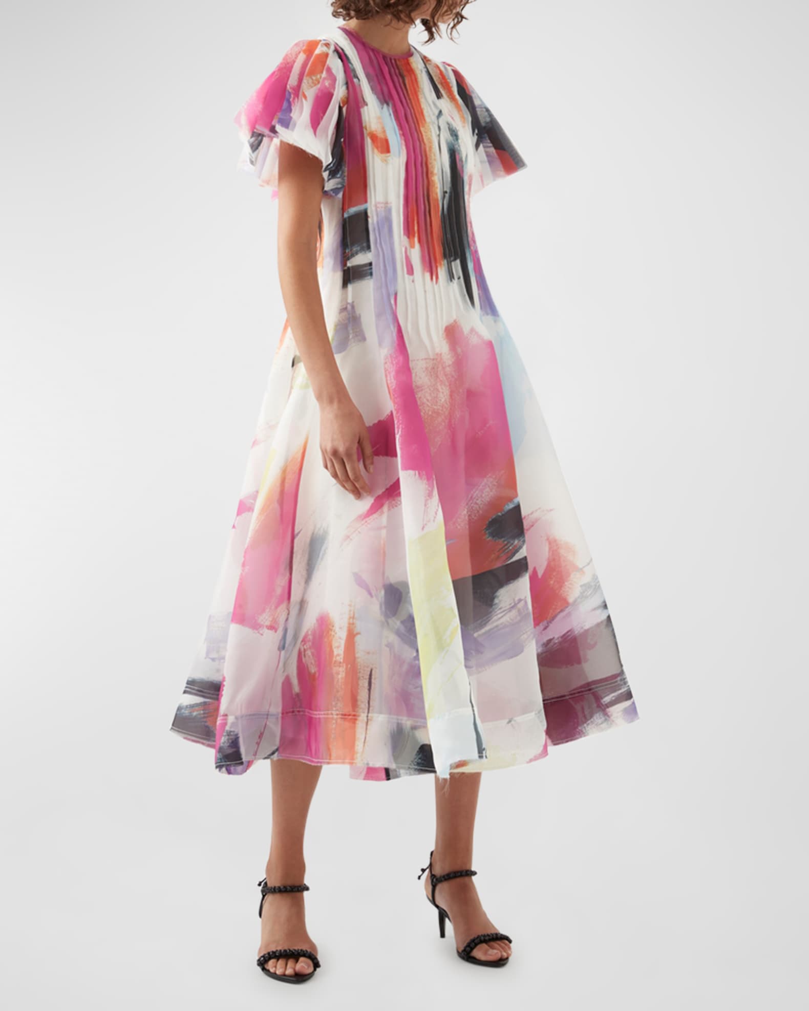 Aje Nova Pleated Organza Printed Midi Dress Neiman Marcus