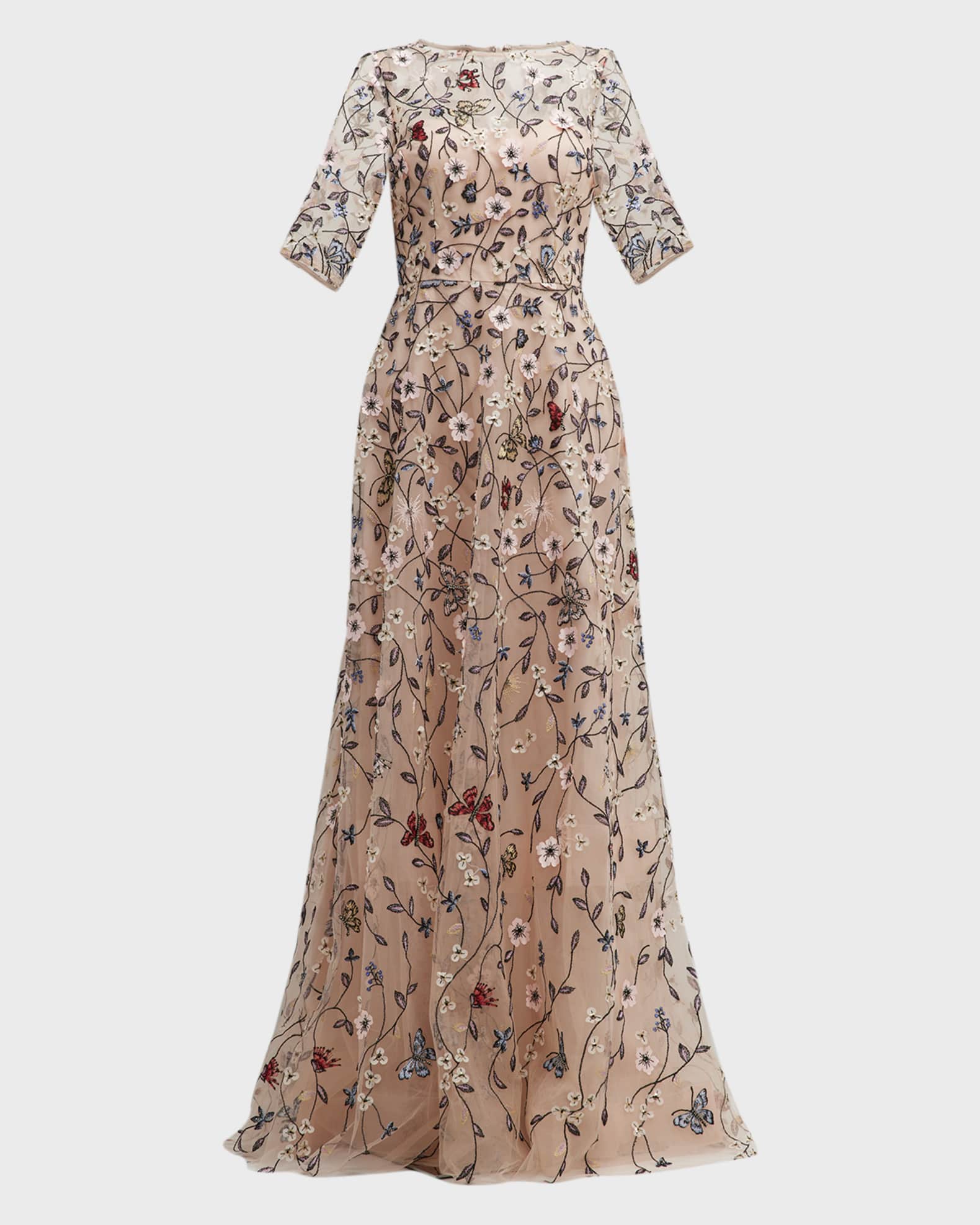 Rickie Freeman for Teri Jon Floral Vine Embroidered Tulle Illusion Gown