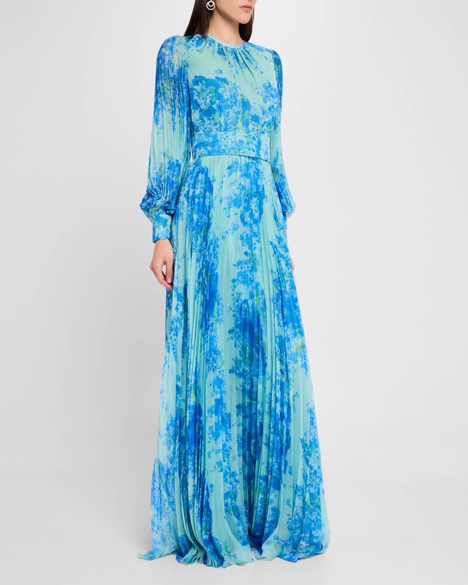 Pleated Floral-Print Blouson-Sleeve Gown 1