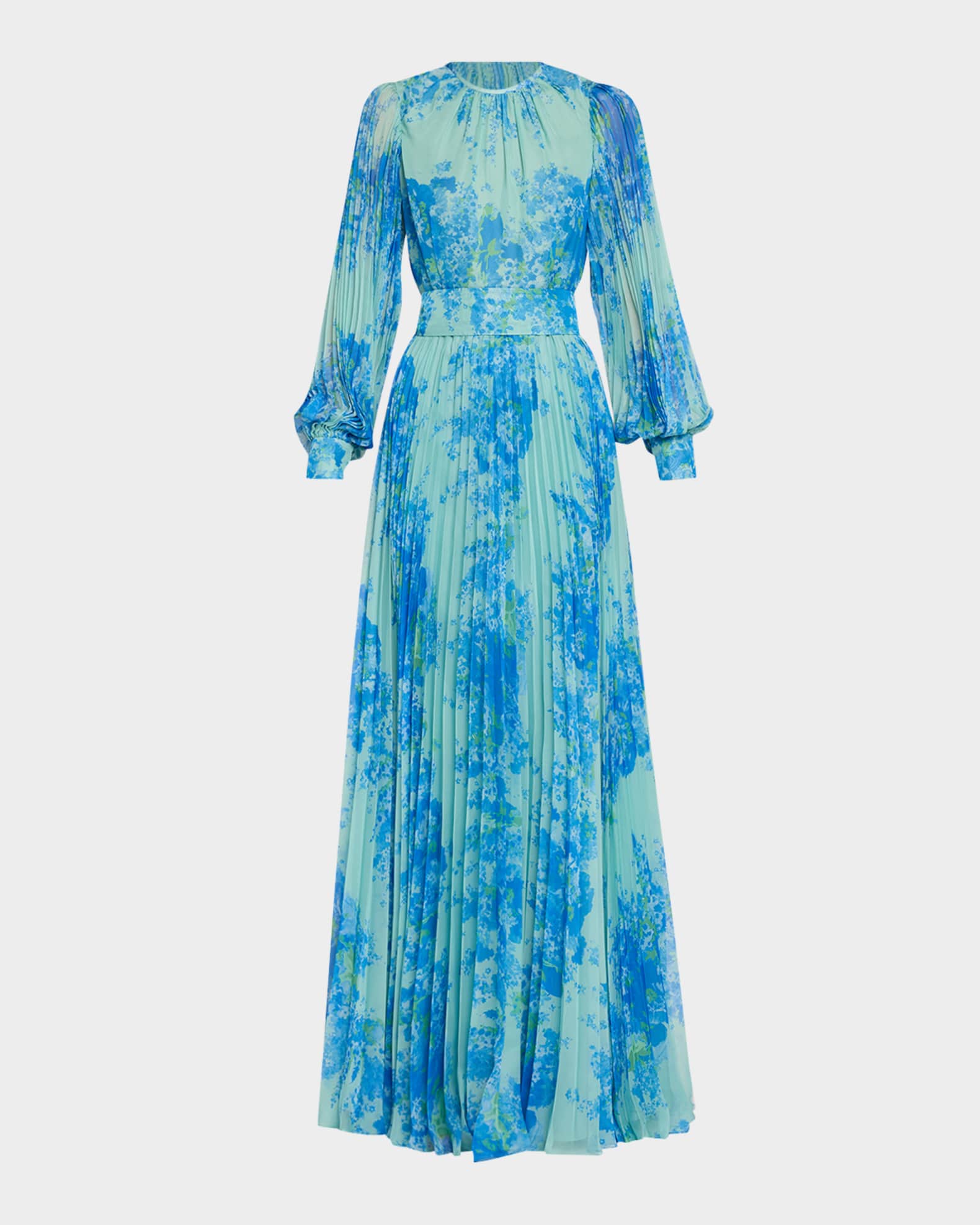 Pleated Floral-Print Blouson-Sleeve Gown 0