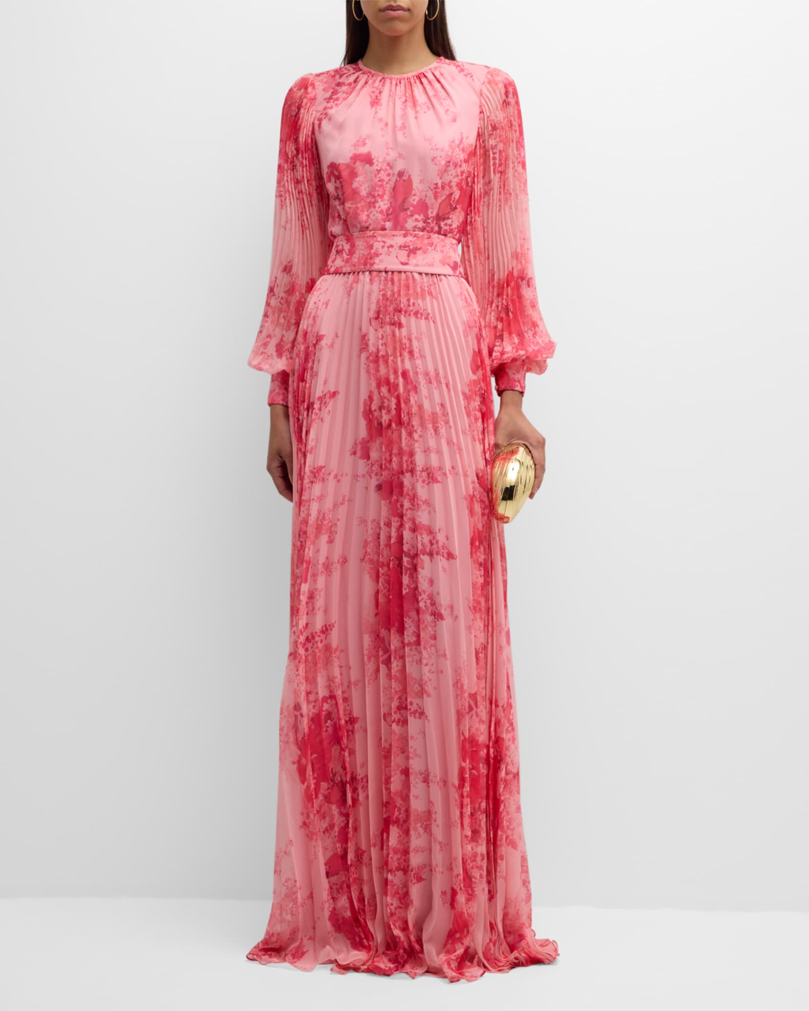 Pleated Floral-Print Blouson-Sleeve Gown 1