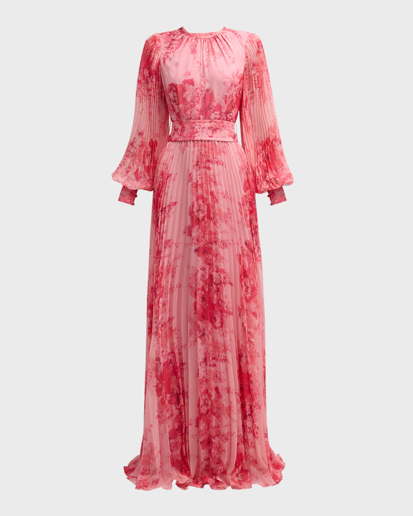 Pleated Floral-Print Blouson-Sleeve Gown 0