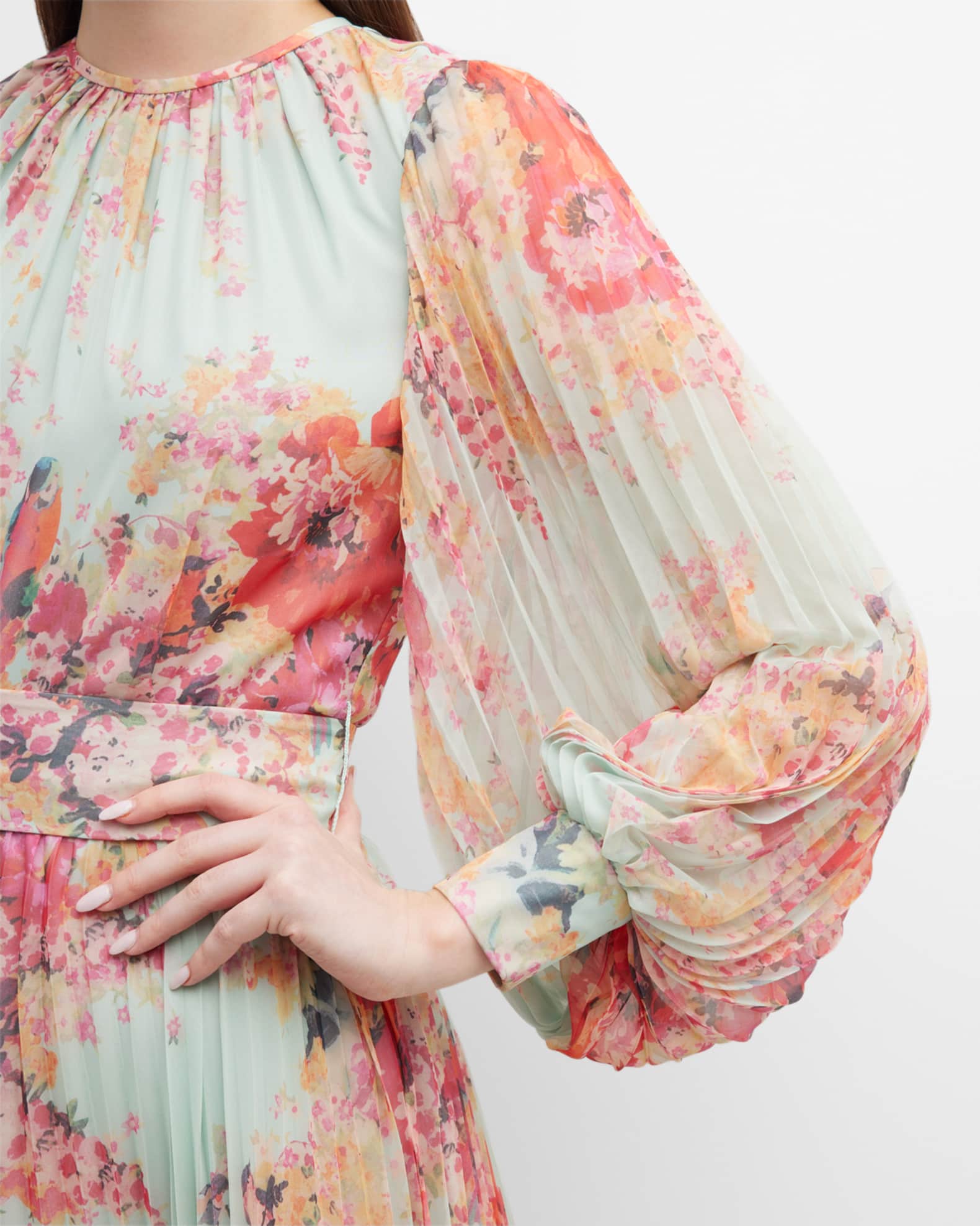 Rickie Freeman for Teri Jon Pleated Floral-Print Blouson-Sleeve Gown ...