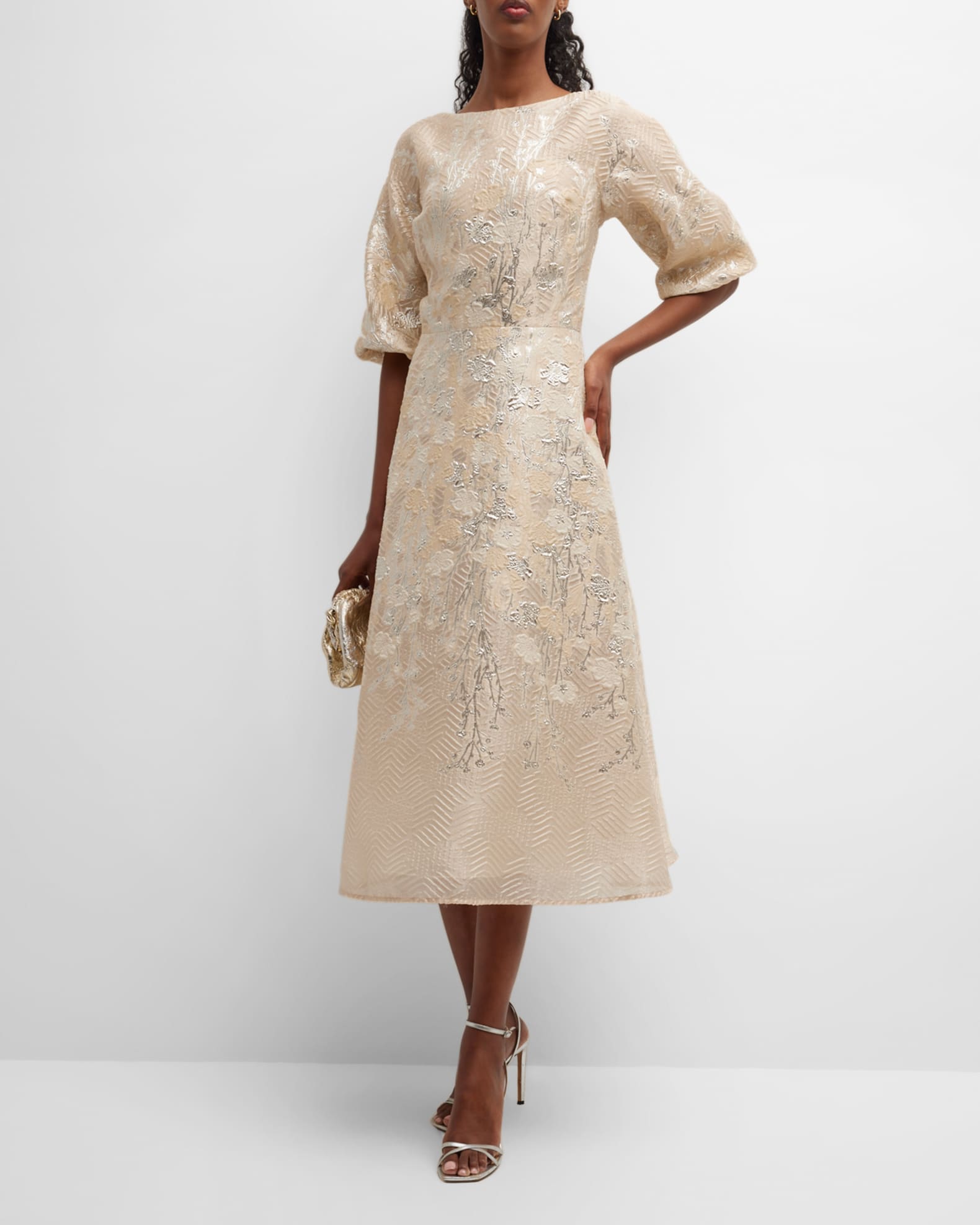 Rickie Freeman for Teri Jon Blouson-Sleeve Metallic Jacquard Midi Dress ...