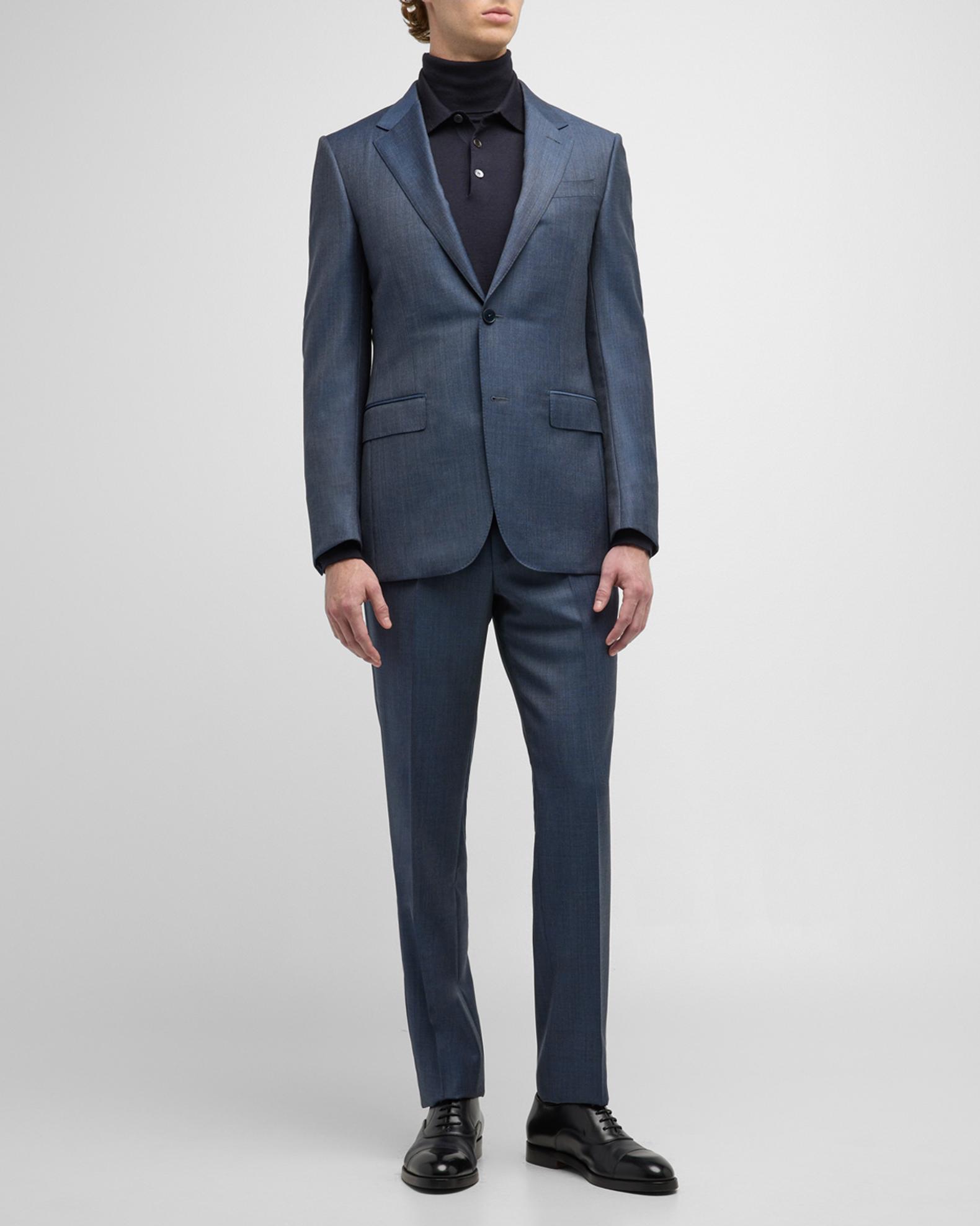 Men's Designer Modern Fit Vested Wool Sharkskin Suit in Steel Blue