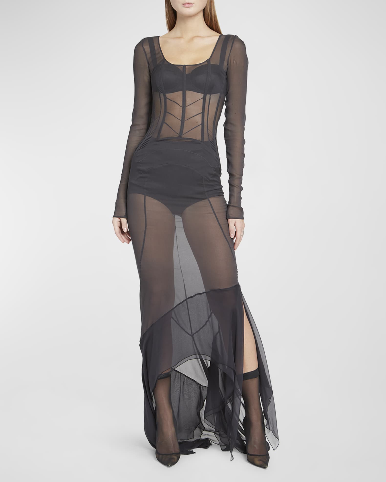 Dolce & Gabbana Long-Sleeve Sheer Corset Maxi Dress Grey