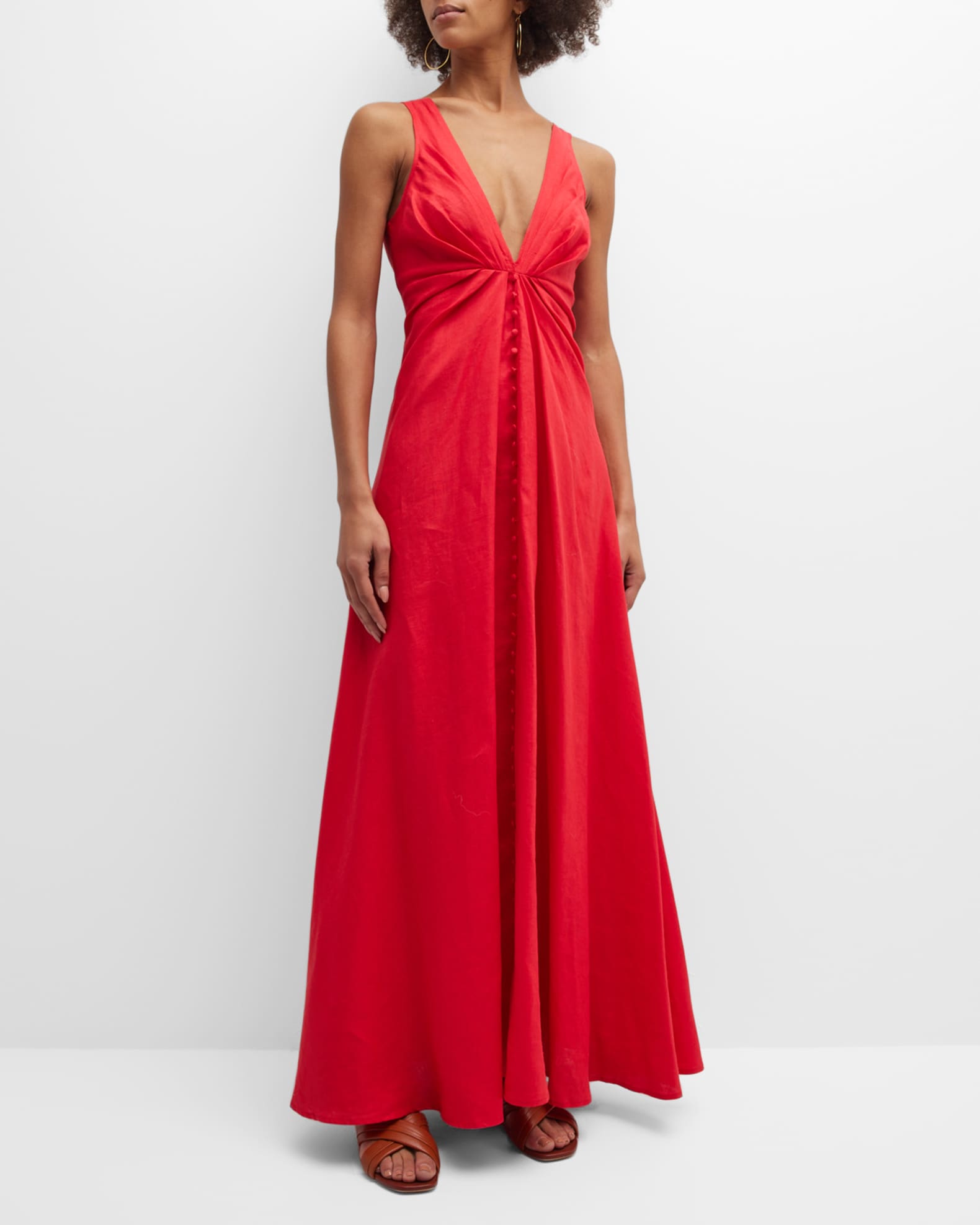JOSLIN Sabrina Pleated Sleeveless Linen Maxi Dress | Neiman Marcus
