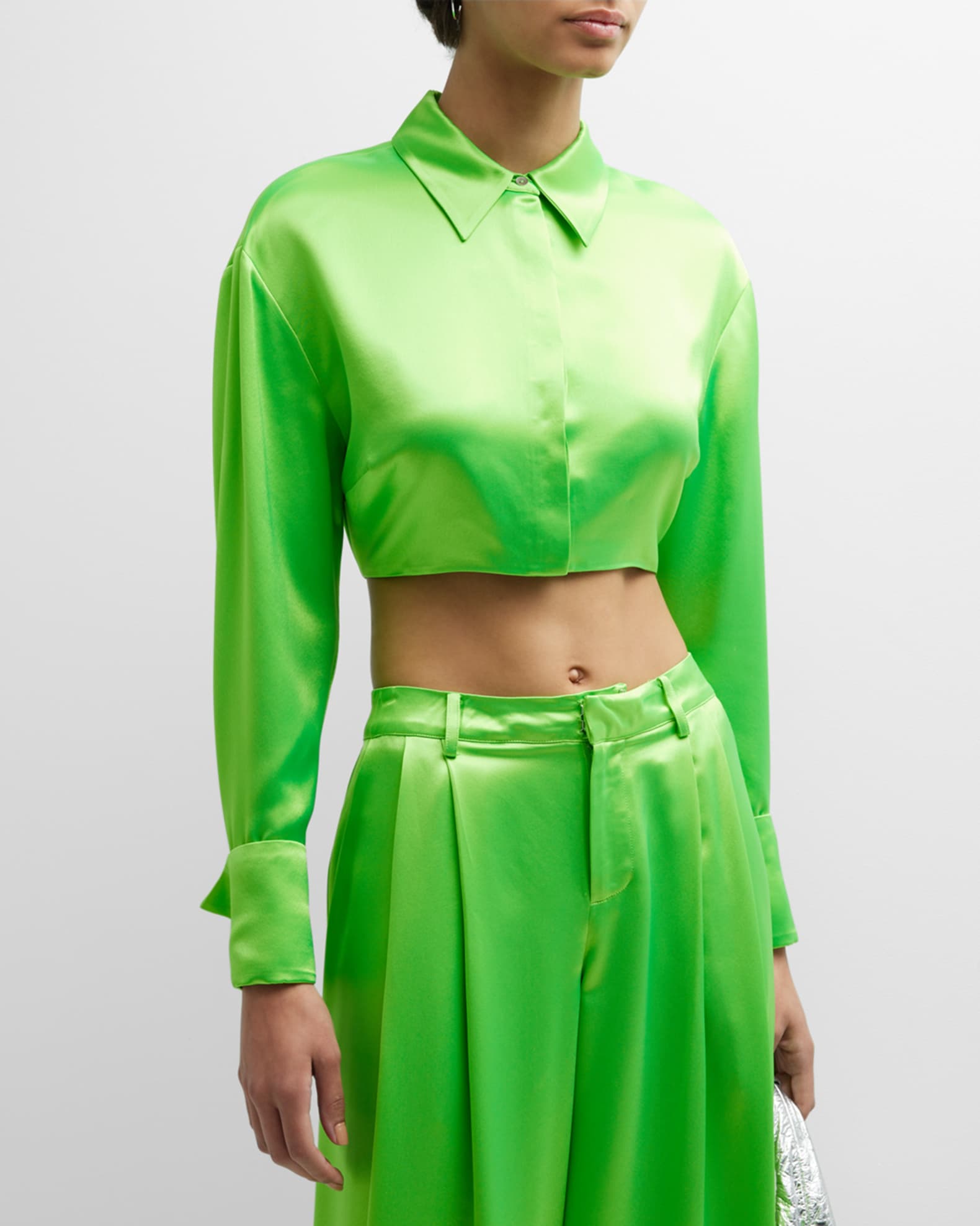 Baretto Drop-Shoulder Satin Crop Shirt 0