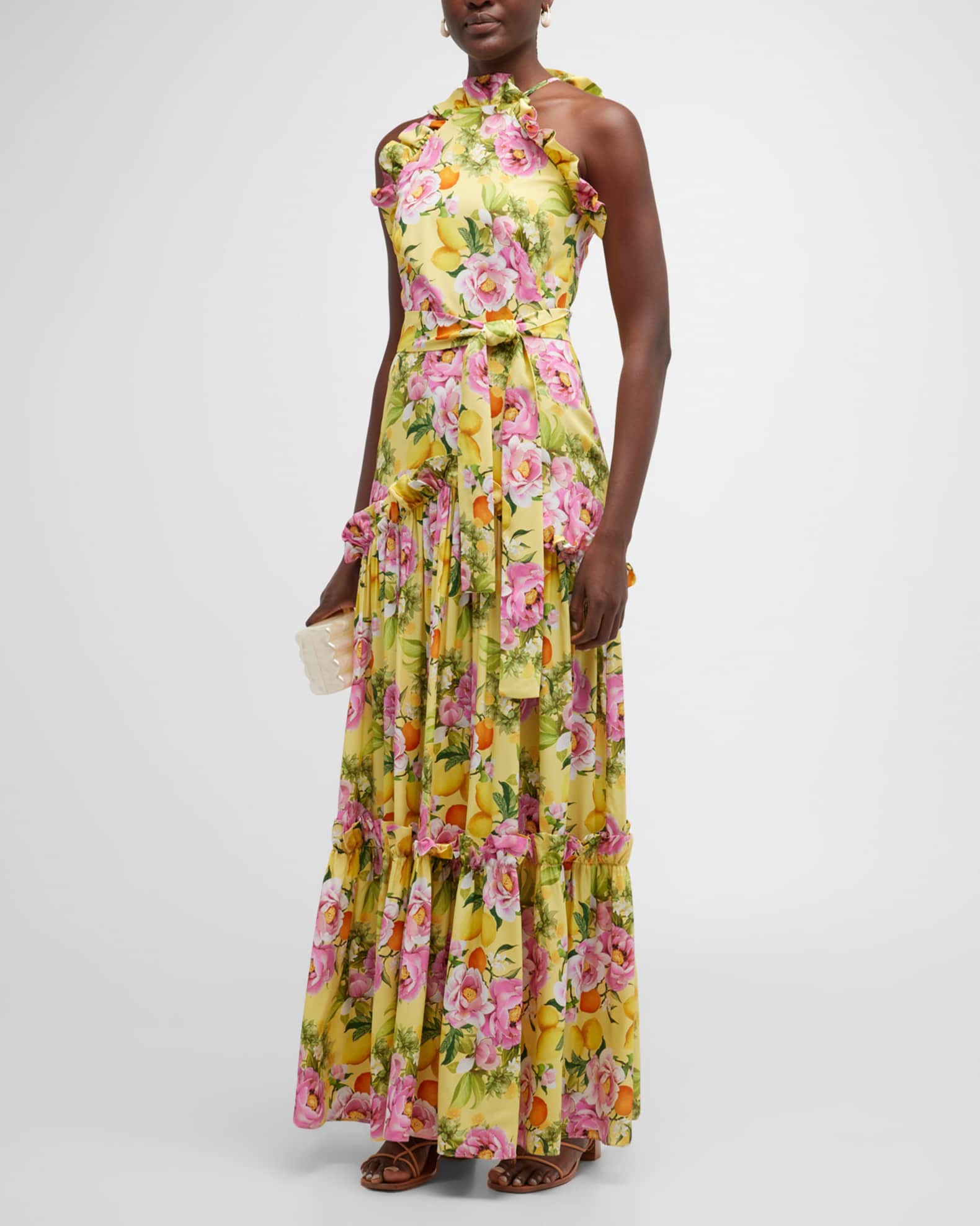 Borgo de Nor Halter Ruffle-Neck Floral-Print Silk Gown | Neiman Marcus