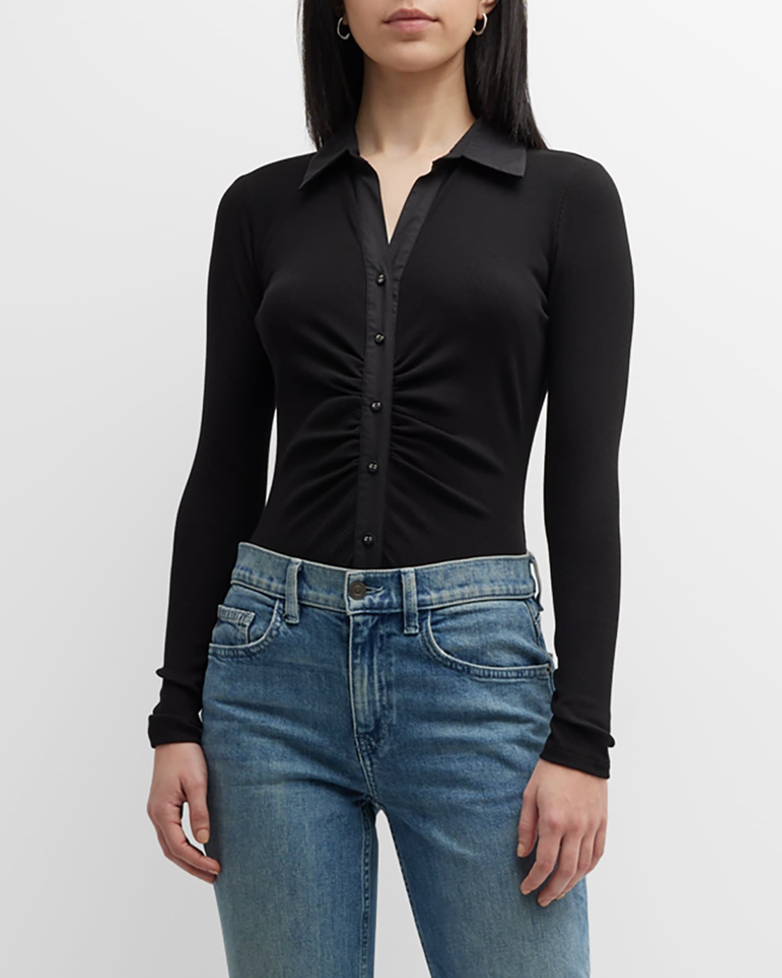 Donna Karan Ribbed Ruched ButtonDown Bodysuit Neiman Marcus